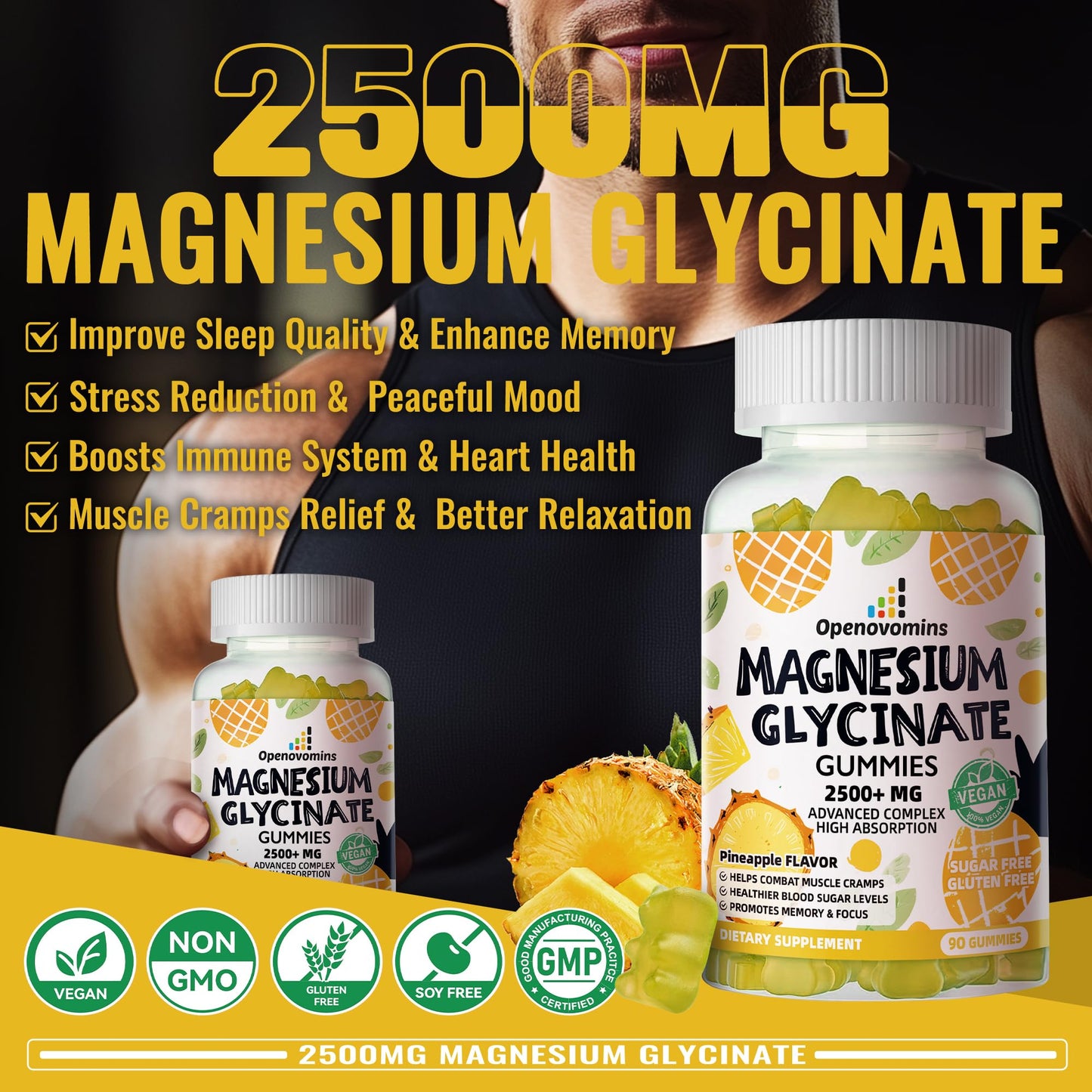 Magnesium Glycinate Gummies 2500mg โ Sugar Free Calm Mood & Sleep Support (90 Pineapple Gummies)