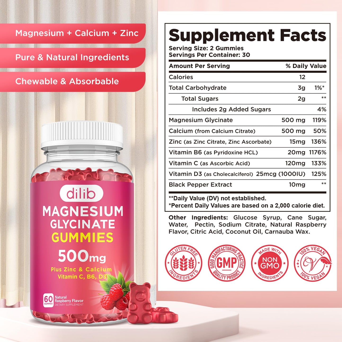 Magnesium Glycinate Gummies 500mg โ Sleep, Mood & Muscle Support | Raspberry, 60 Gummies
