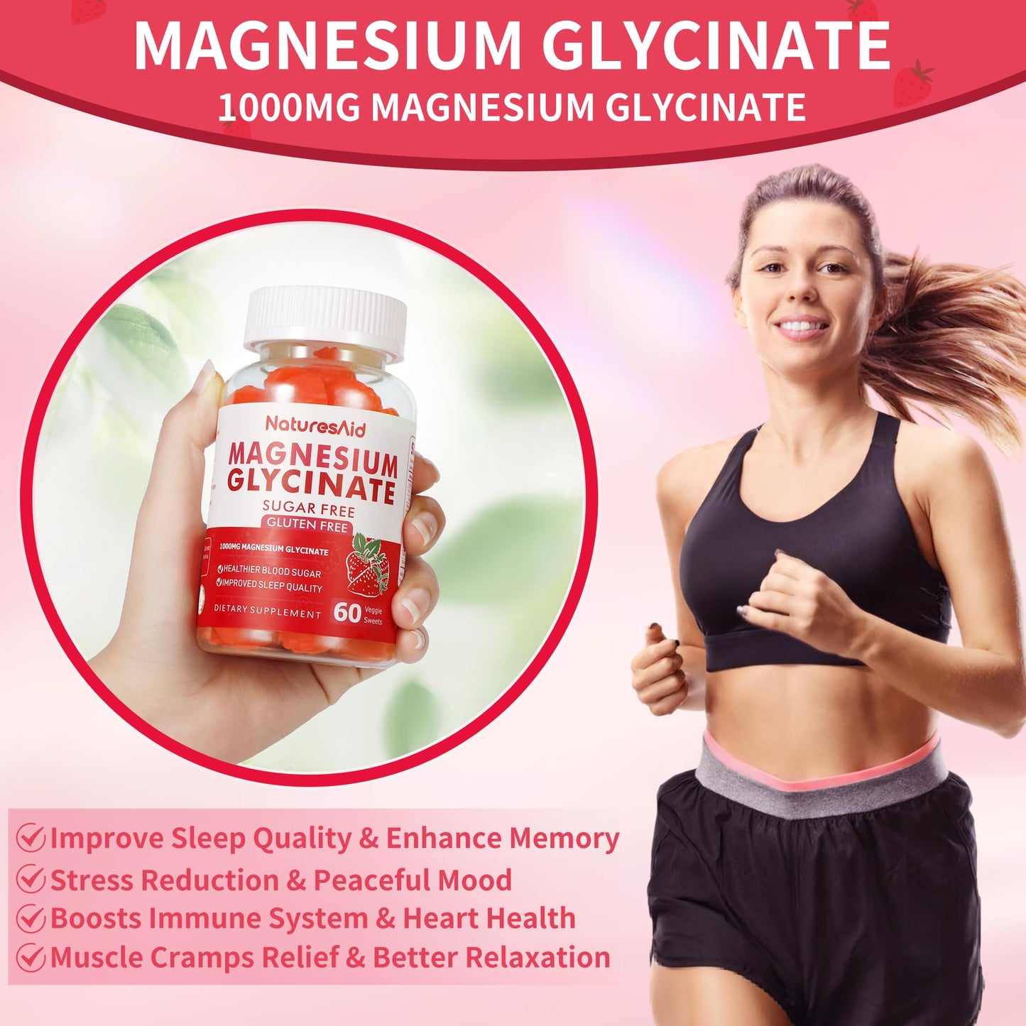 Magnesium Glycinate Gummies 1000mg โ Sugar-Free Magnesium, Potassium with Vitamin D, B6, CoQ10 | 60 Strawberry Gummies