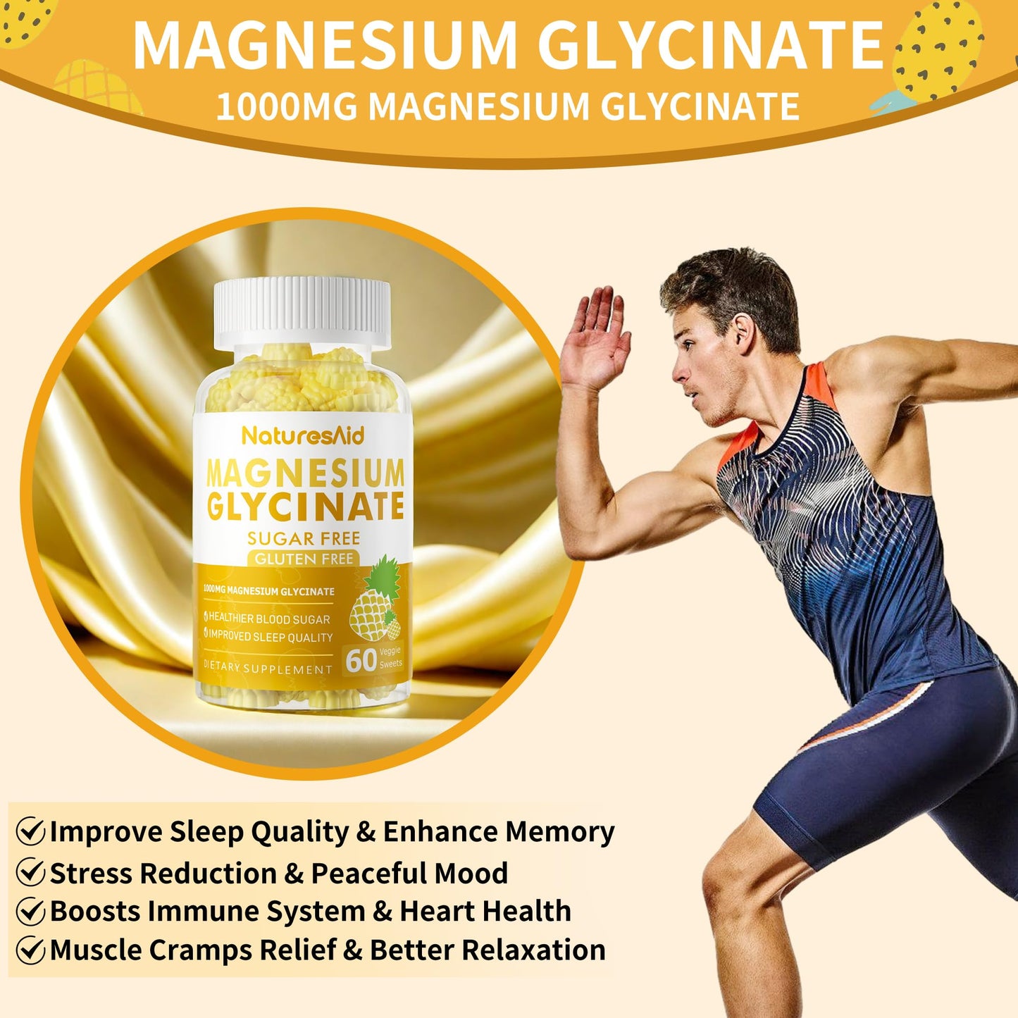 Magnesium Glycinate Gummies 1000mg โ Sugar Free with Vitamin D, B6 & CoQ10 (60 Pineapple Gummies)