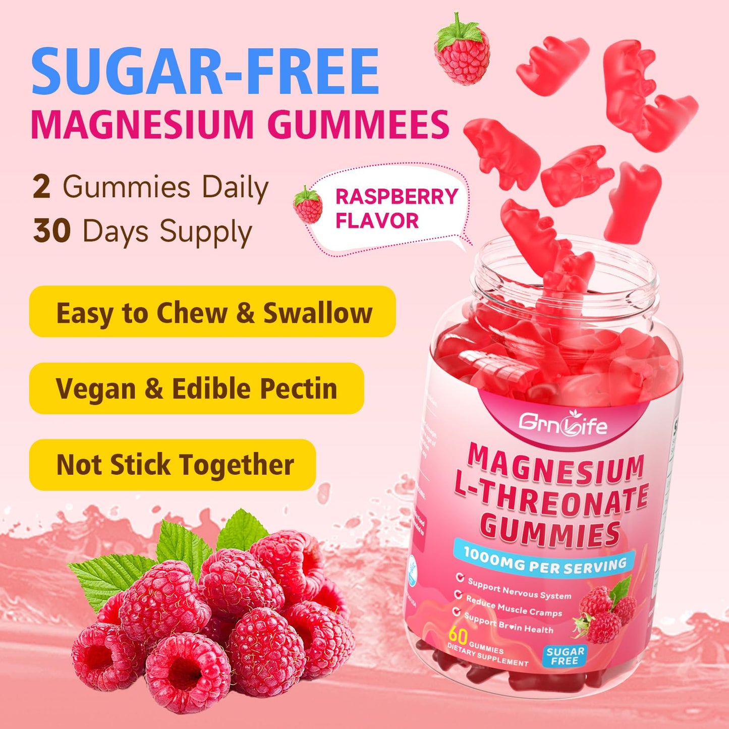 2 Pack Magnesium L-Threonate Gummies 1000MG โ Sugar-Free Raspberry (120 Count)