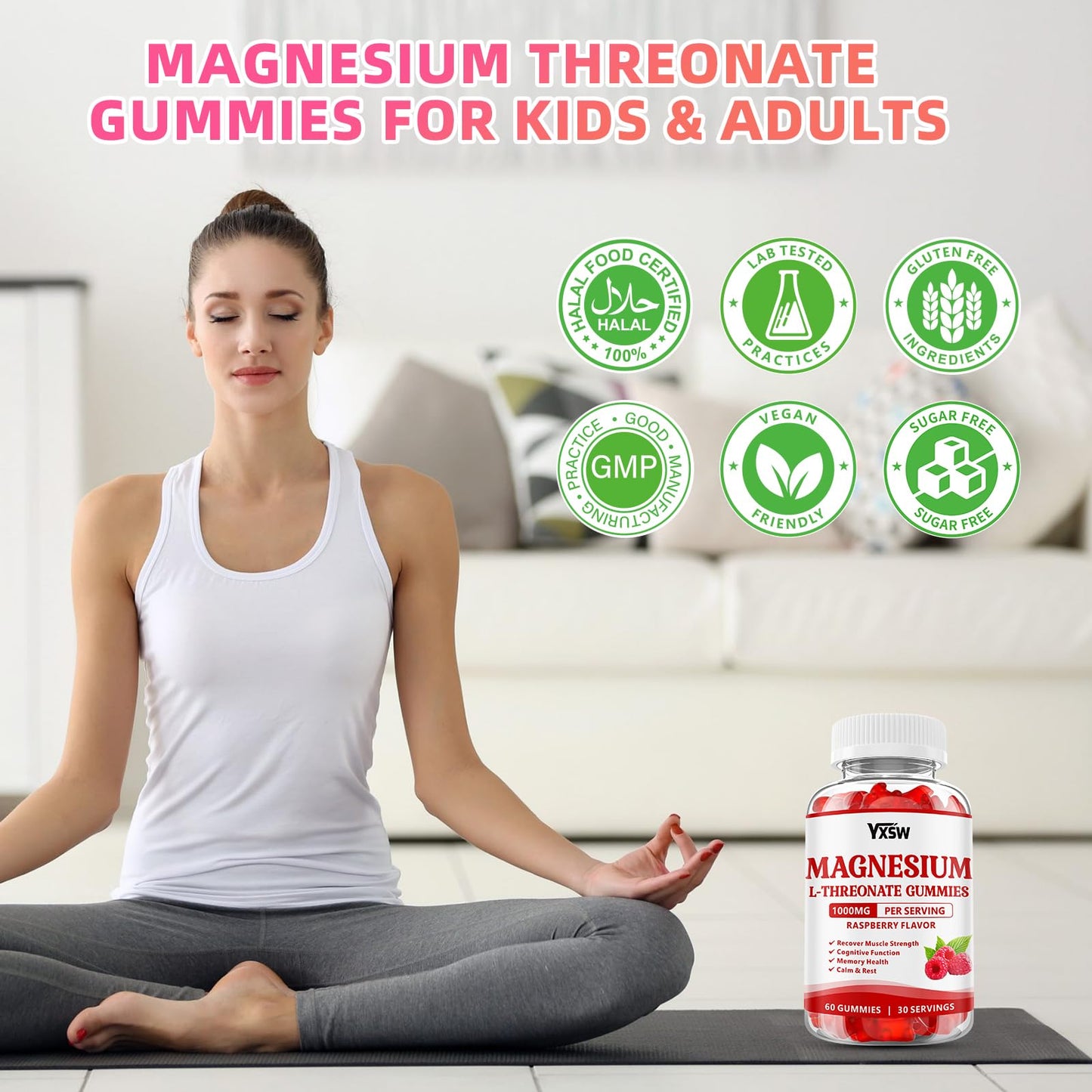 Magnesium L-Threonate Gummies 1000mg โ Sugar-Free Raspberry, 120 Count | Nervous System & Muscle Support