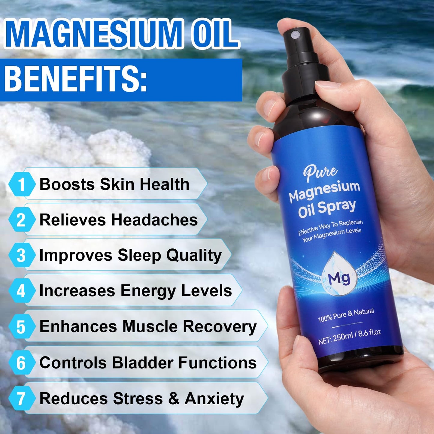 Magnesium Oil Spray 8.6 Fl Oz โ Pure Topical Magnesium for Skin, Feet & Body