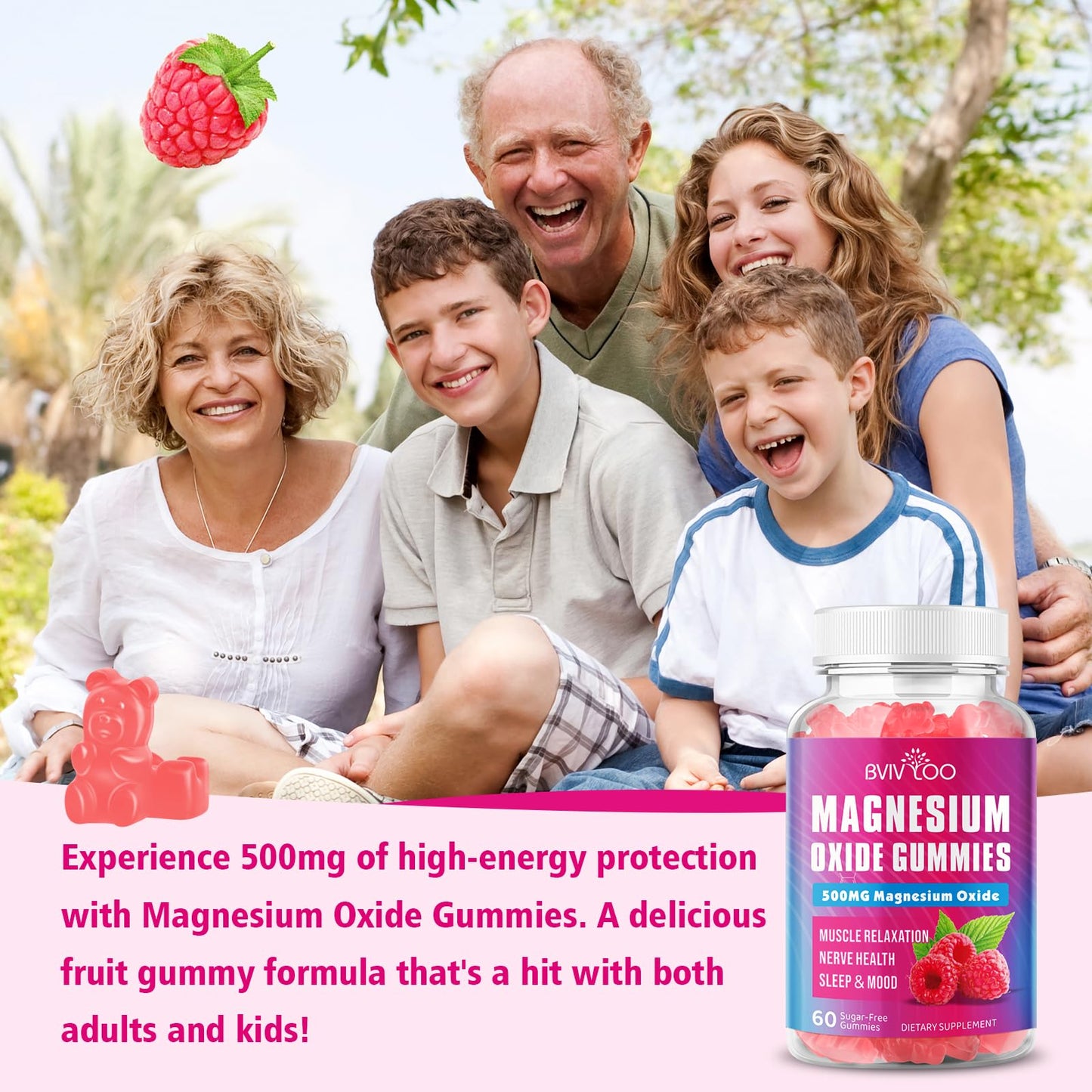 Magnesium Oxide 500mg Gummies โ Vegan Sugar-Free Raspberry, 60 Gummies