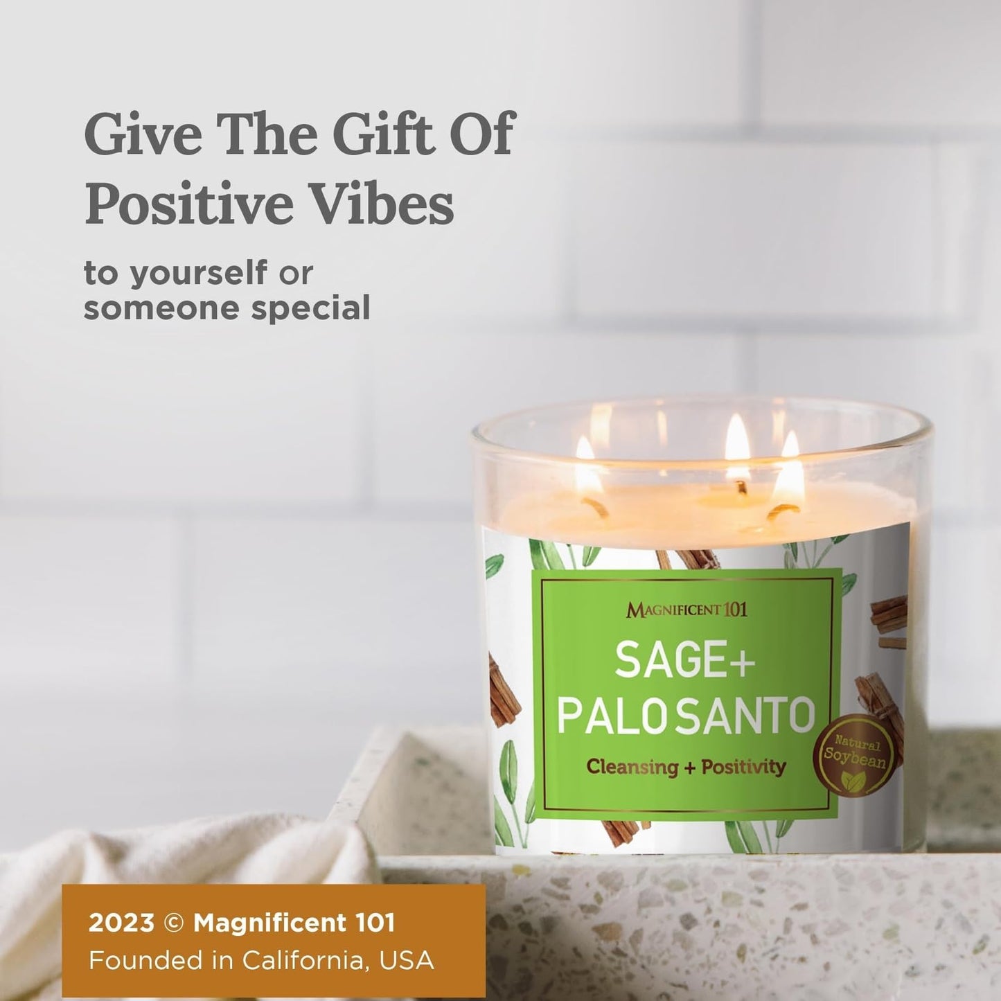 Magnificent 101 Sage & Palo Santo Candle โ 14oz, 56-Hour Burn Time, Soy Wax Smudge Candle for Negative Energy Cleansing & Manifestation