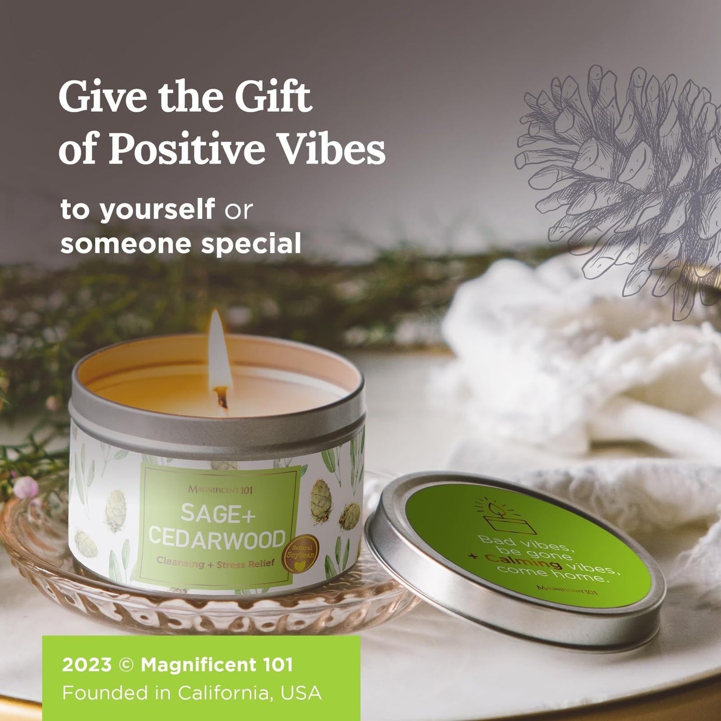 Magnificent 101 Sage & Cedarwood Soy Candle โ 6 oz | Energy Cleansing & Stress Relief