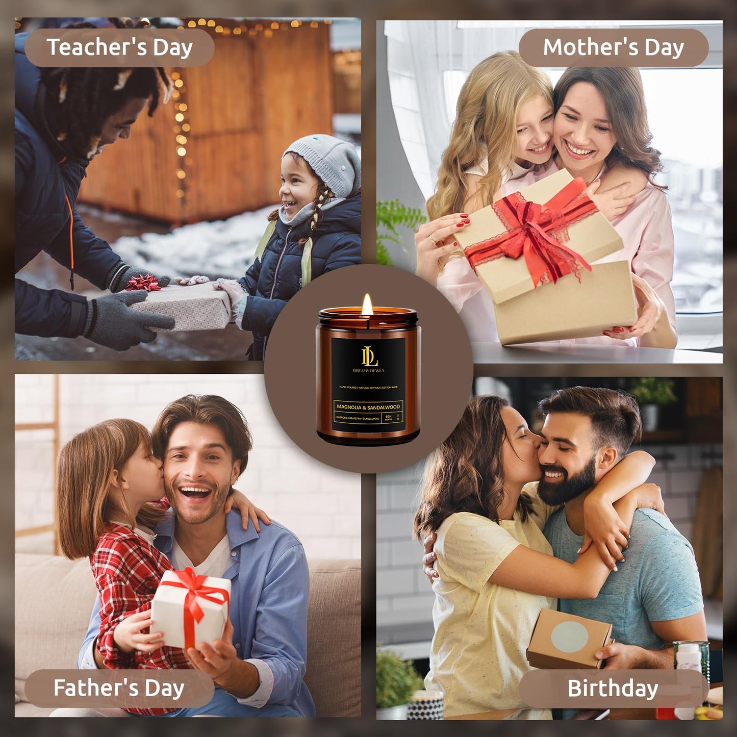 Magnolia & Sandalwood Soy Candle โ 7oz, 50h Burn Time | Gift for Home