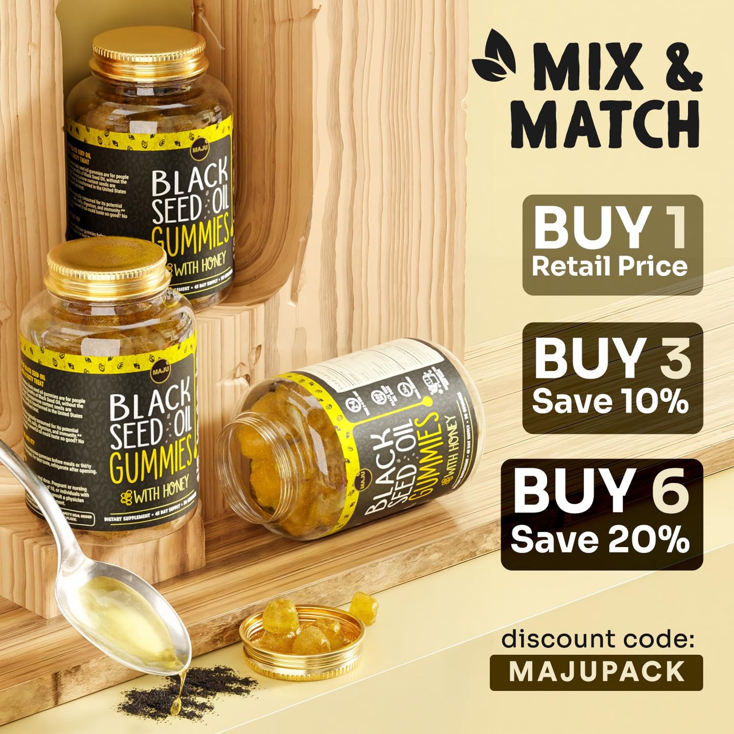 MAJU Black Seed Oil Gummies with Honey โ 90ct, 500mg BSO | Cold-Pressed Nigella Sativa