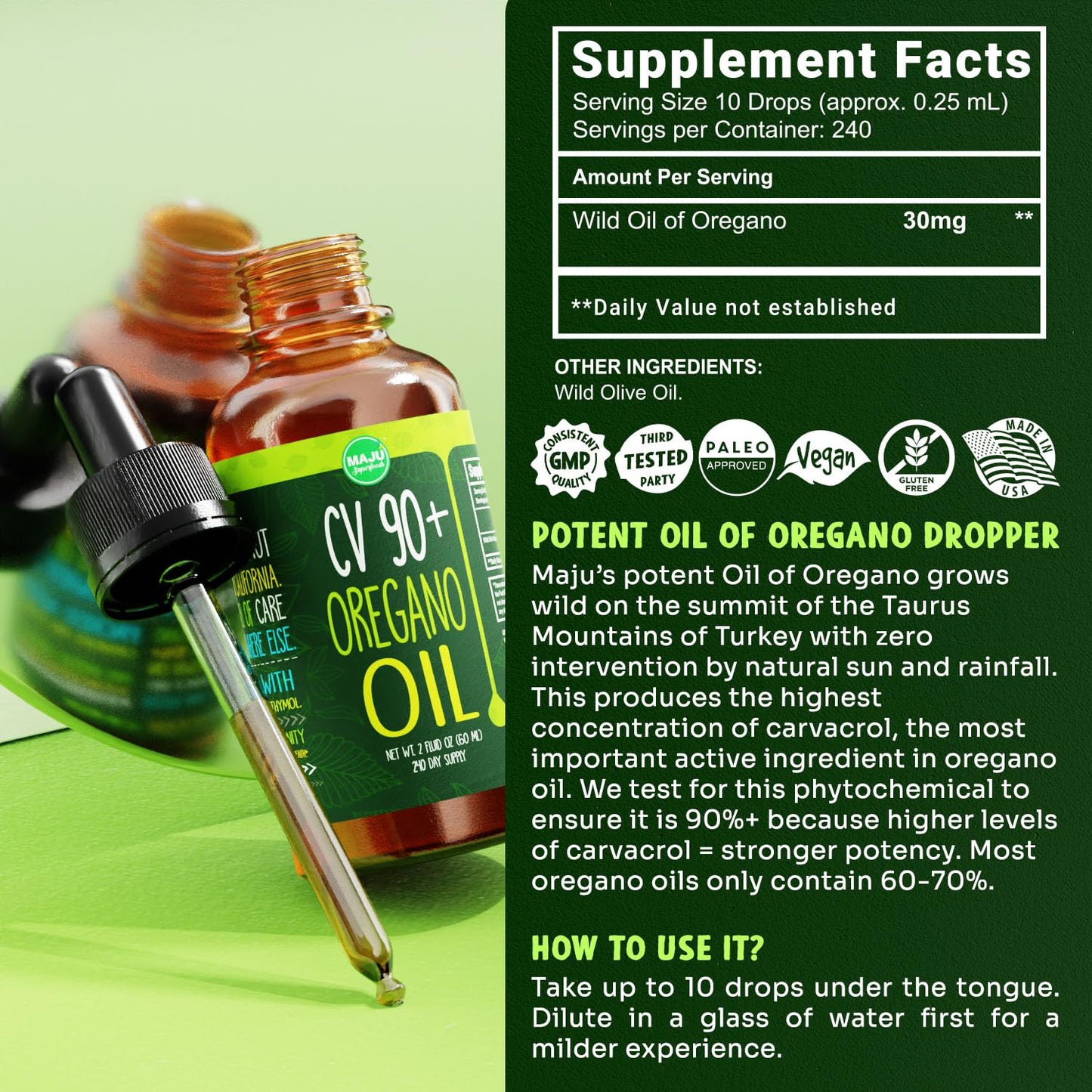 MAJU Oregano Oil Drops โ 90%+ Carvacrol | 2 fl oz | Immune & Seasonal Support