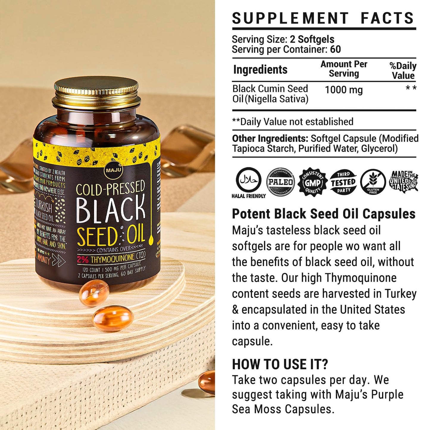 Maju Superfoods Black Seed Oil Capsules โ Organic Turkish Nigella Sativa, Cold-Pressed, 2% Thymoquinone, 120 Count (3-Pack)