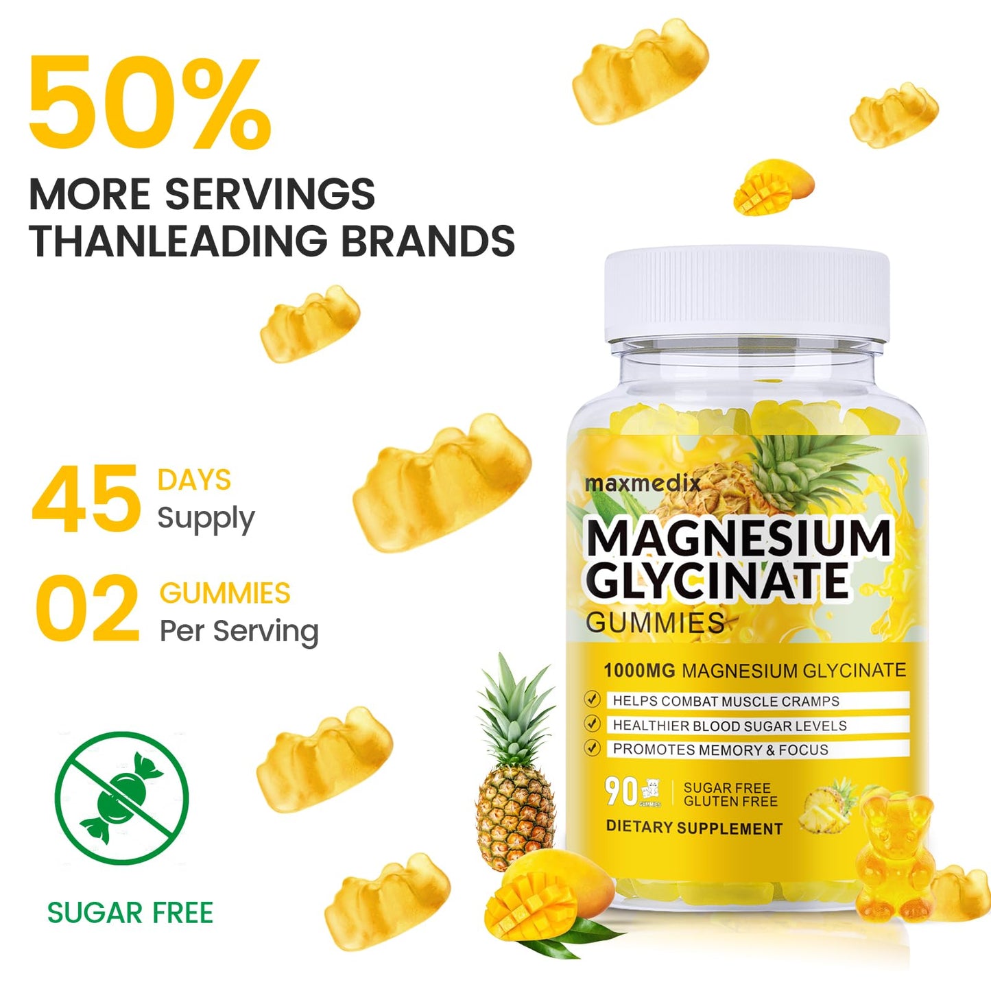Magnesium Glycinate Gummies 1000mg โ Sugar Free, Potassium Support (90 Mango Pineapple Gummies)