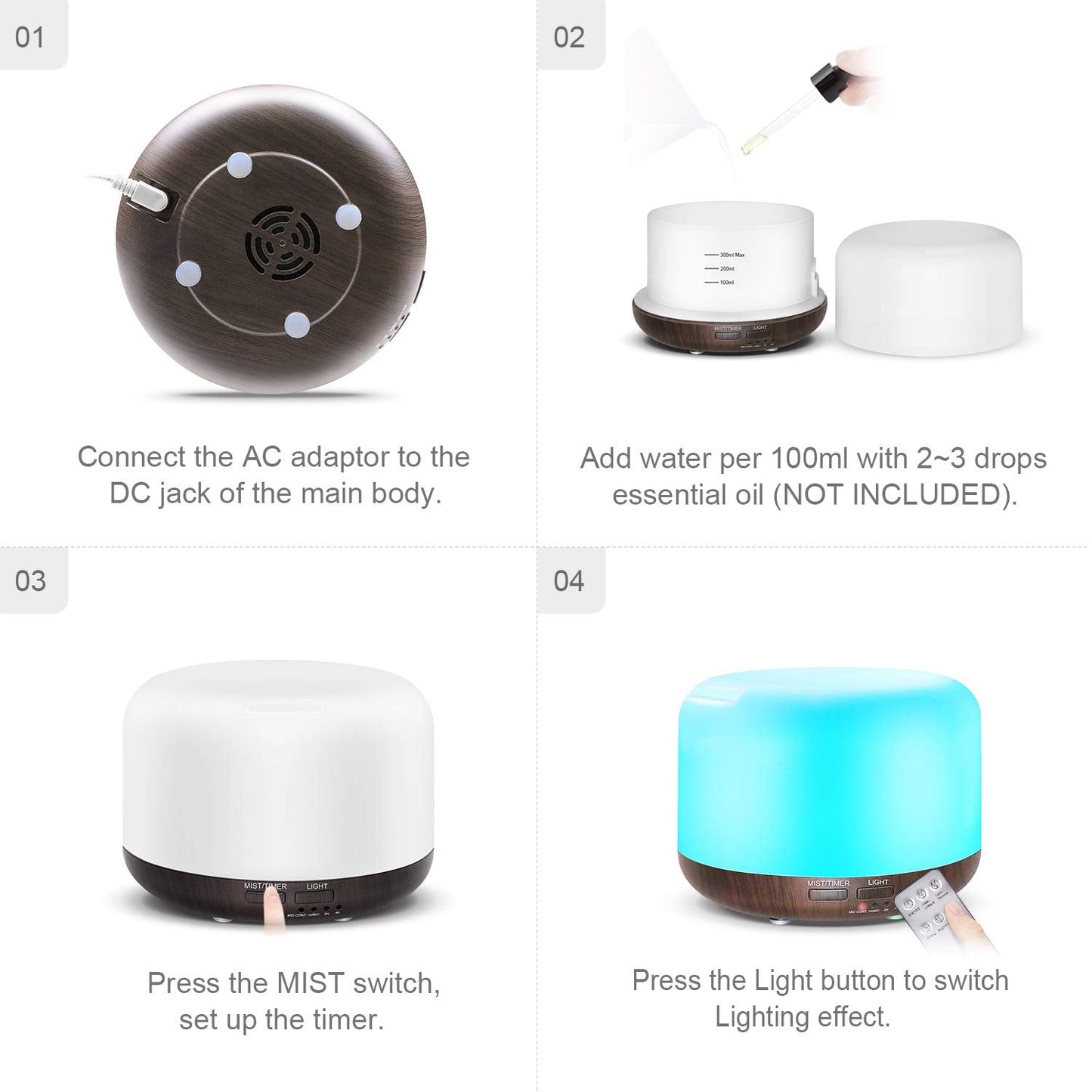 Marchred 300ML Essential Oil Diffuser with Remote โ Ultrasonic Humidifier for Large Rooms (Dark Wood Grain)