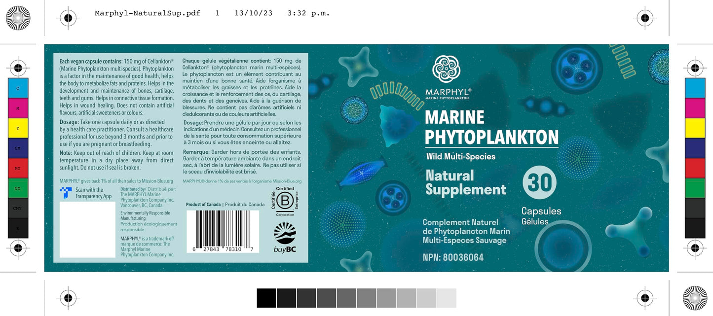 MARPHYL Marine Phytoplankton โ Wild Multi-Species Supplement, 150 mg per Capsule, 30 Vegan Capsules | Vancouver Island, Canada