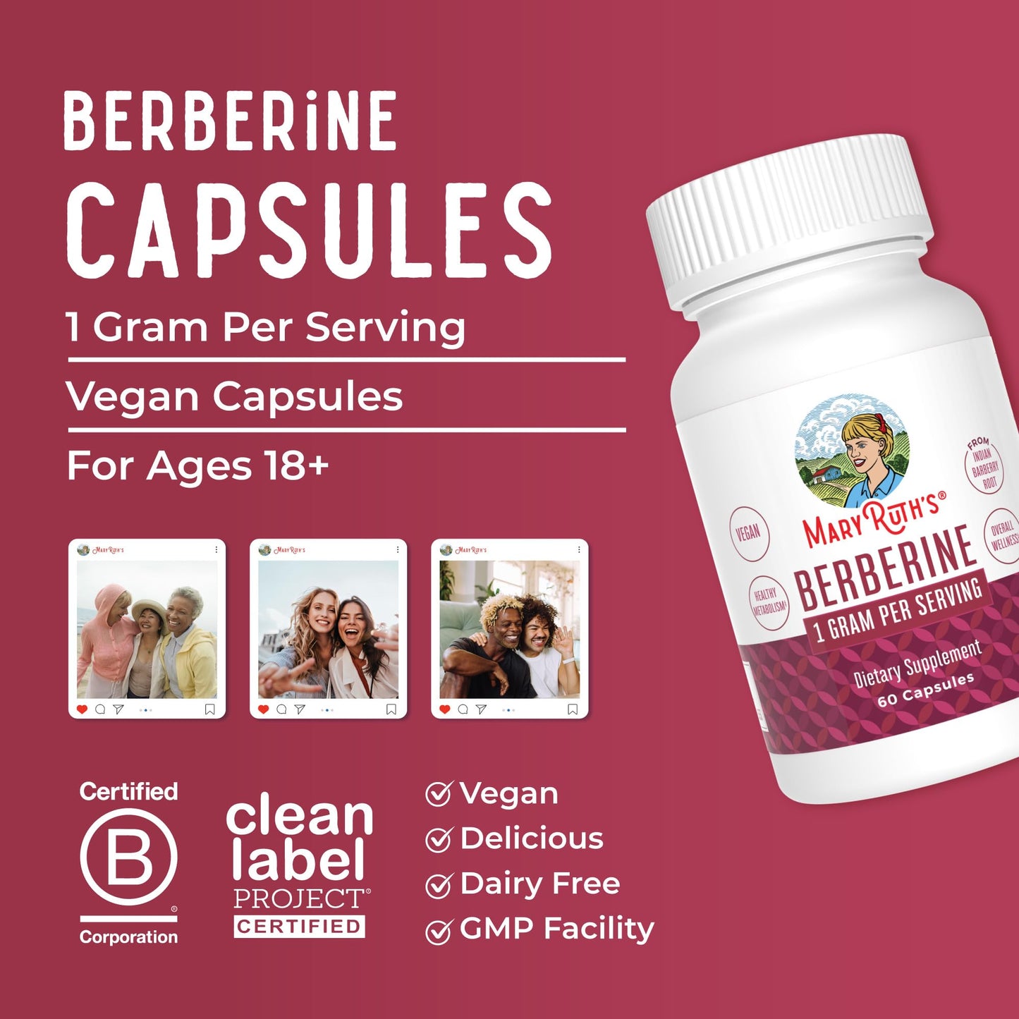MaryRuth Organics Berberine 1000 mg β 30 Servings | Vegan Capsules