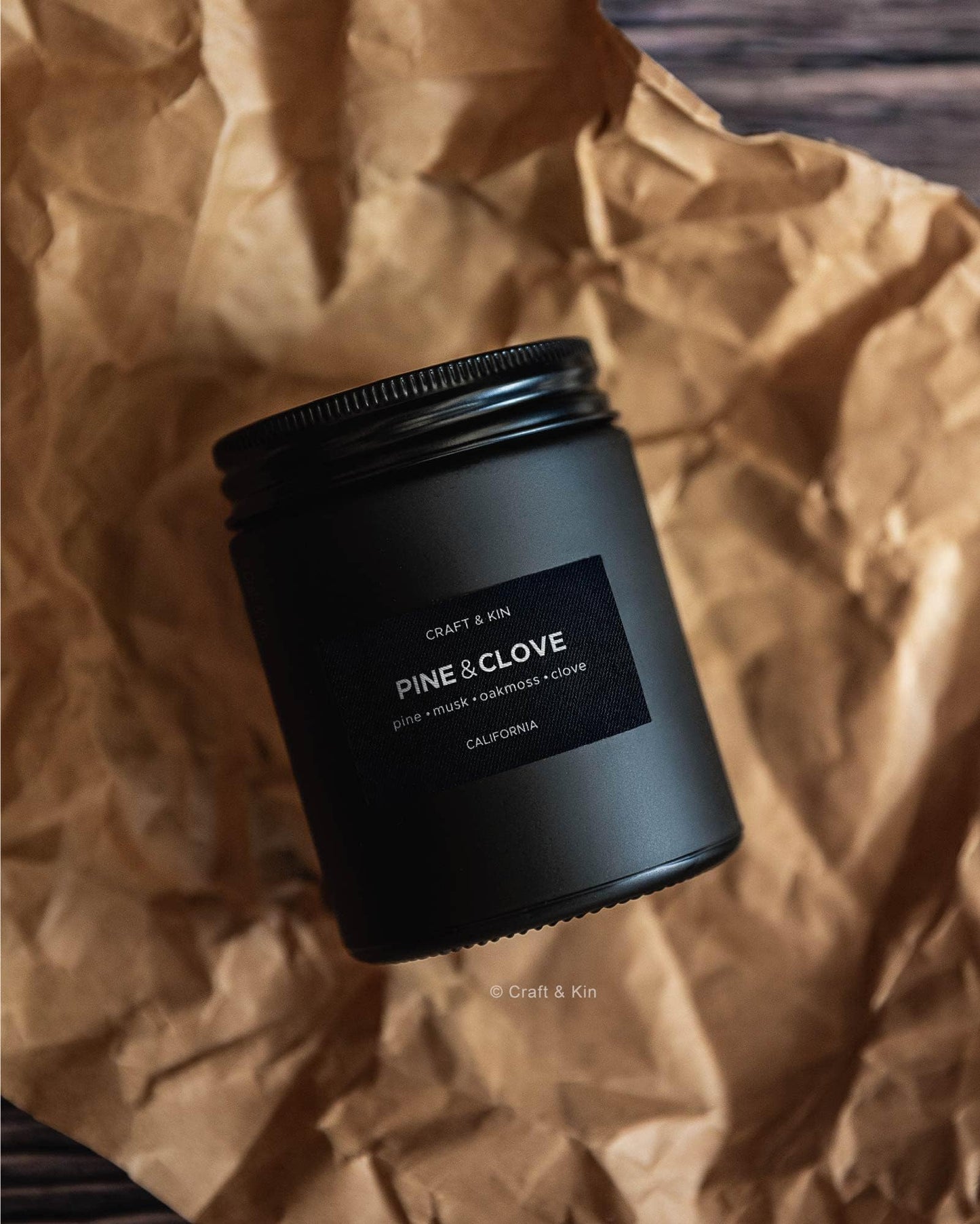 Craft & Kin Premium Pine & Clove Candle | Black Christmas Scented Soy Candle โ 7.6oz, 45 Hour Burn Time