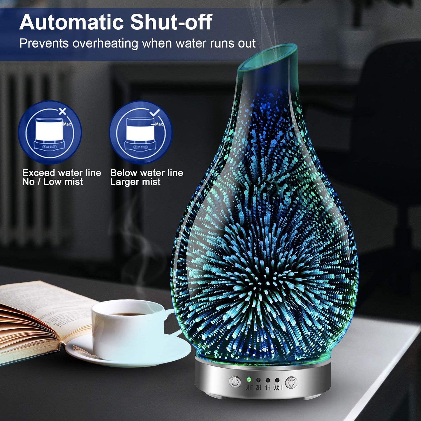MAXWINER 120ml Ultrasonic 3D Glass Essential Oil Diffuser โ Auto Shut-Off, 7 Color LED