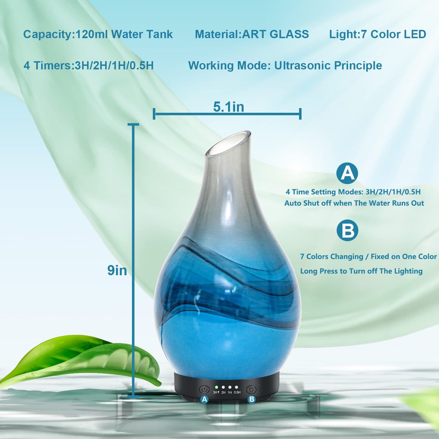 MAXWINER Essential Oil Diffuser โ Handmade Art Glass, 7 Color Lights, Auto Shut-Off, 120ml