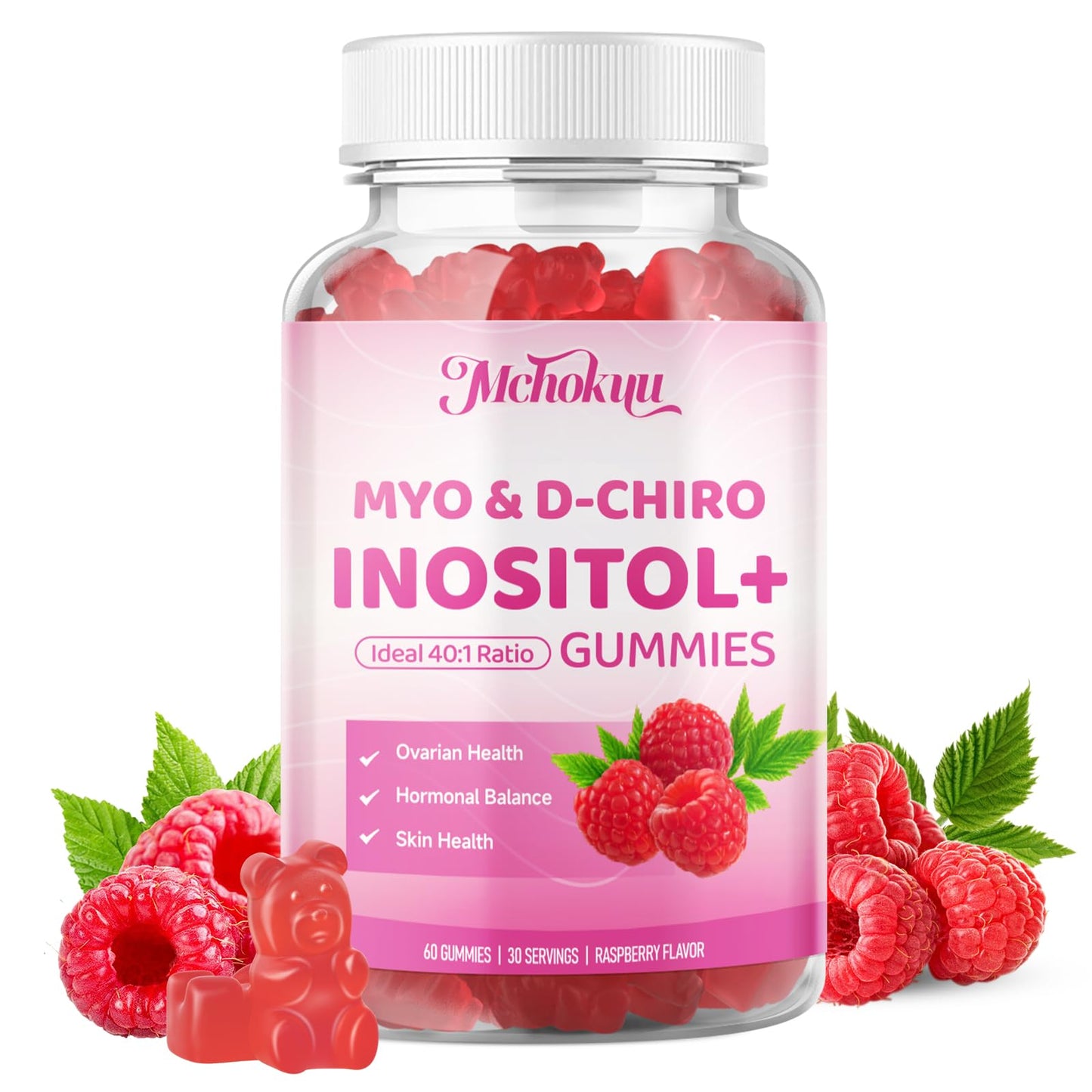 Myo-Inositol & D-Chiro Inositol Gummies 40:1 โ 2000mg/50mg + Vitamin D3 & B12, Sugar Free Raspberry, 120 Count