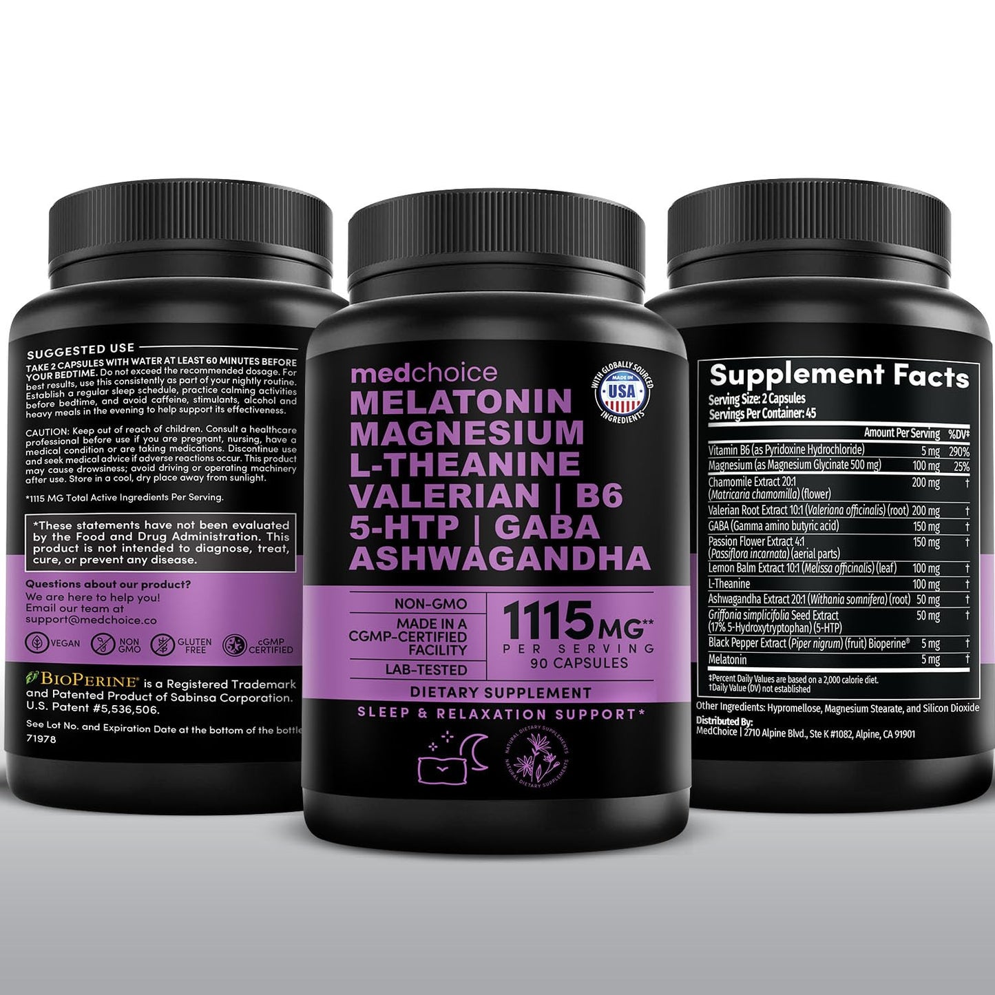 MEDCHOICE 12-in-1 Melatonin Sleep Capsules β Melatonin 5 mg + Magnesium Glycinate 500 mg (90 ct, Pack of 2)