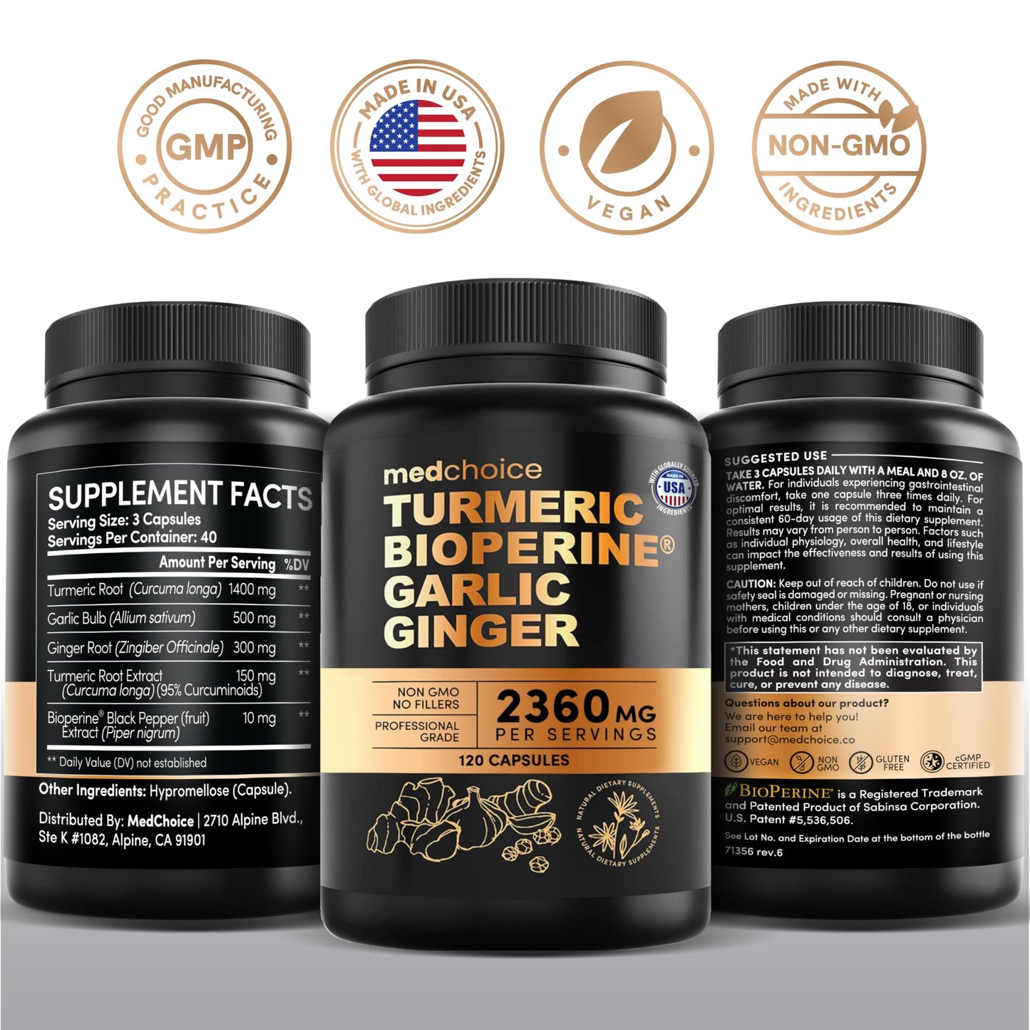 MEDCHOICE 4-in-1 Turmeric and Garlic with BioPerine β 2360mg Turmeric Ginger Capsules, 120 Count (Pack of 2)
