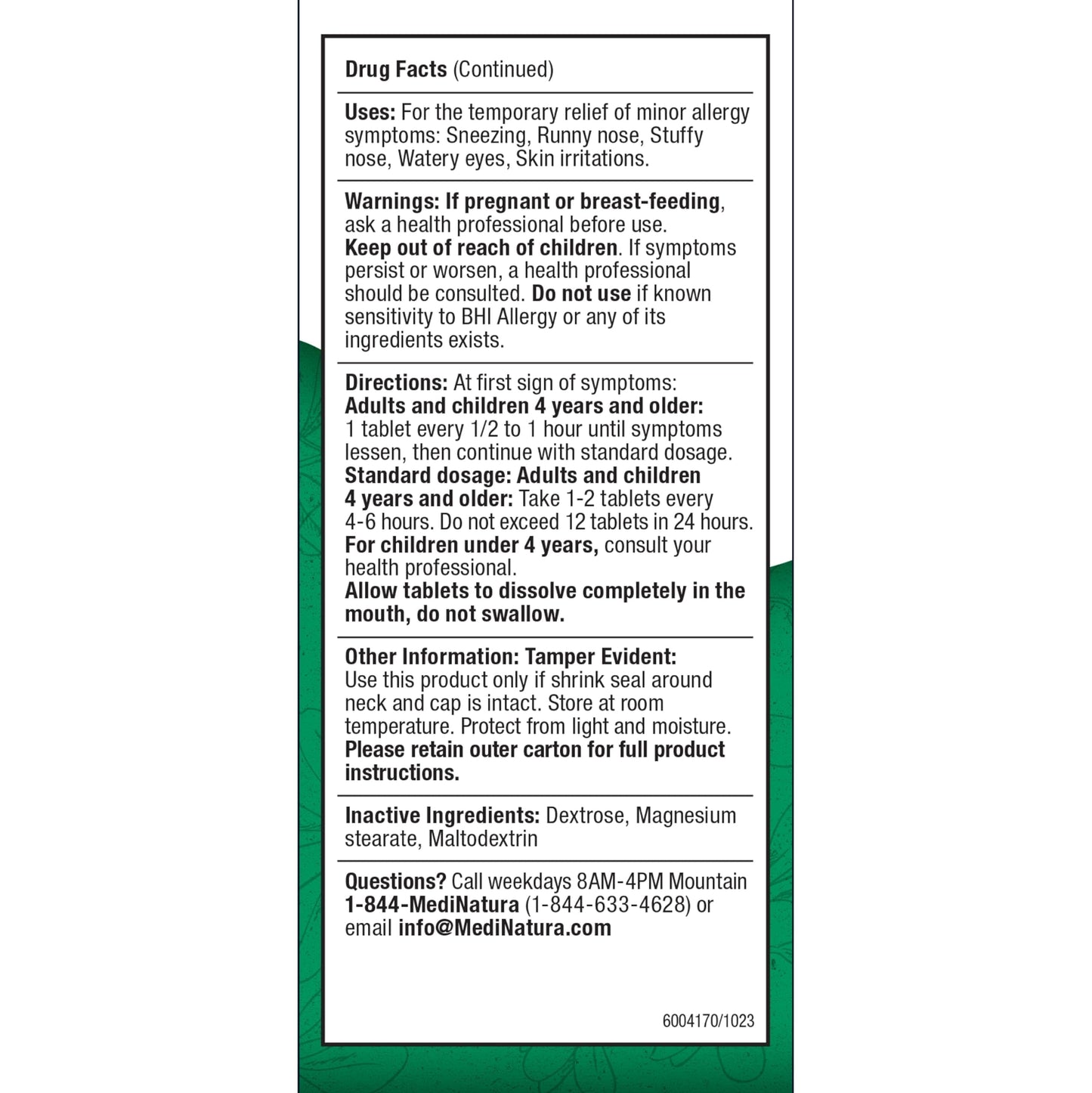MediNatura BHI Allergy Relief โ Natural Multi-Symptom, Non-Drowsy (100 Tablets)