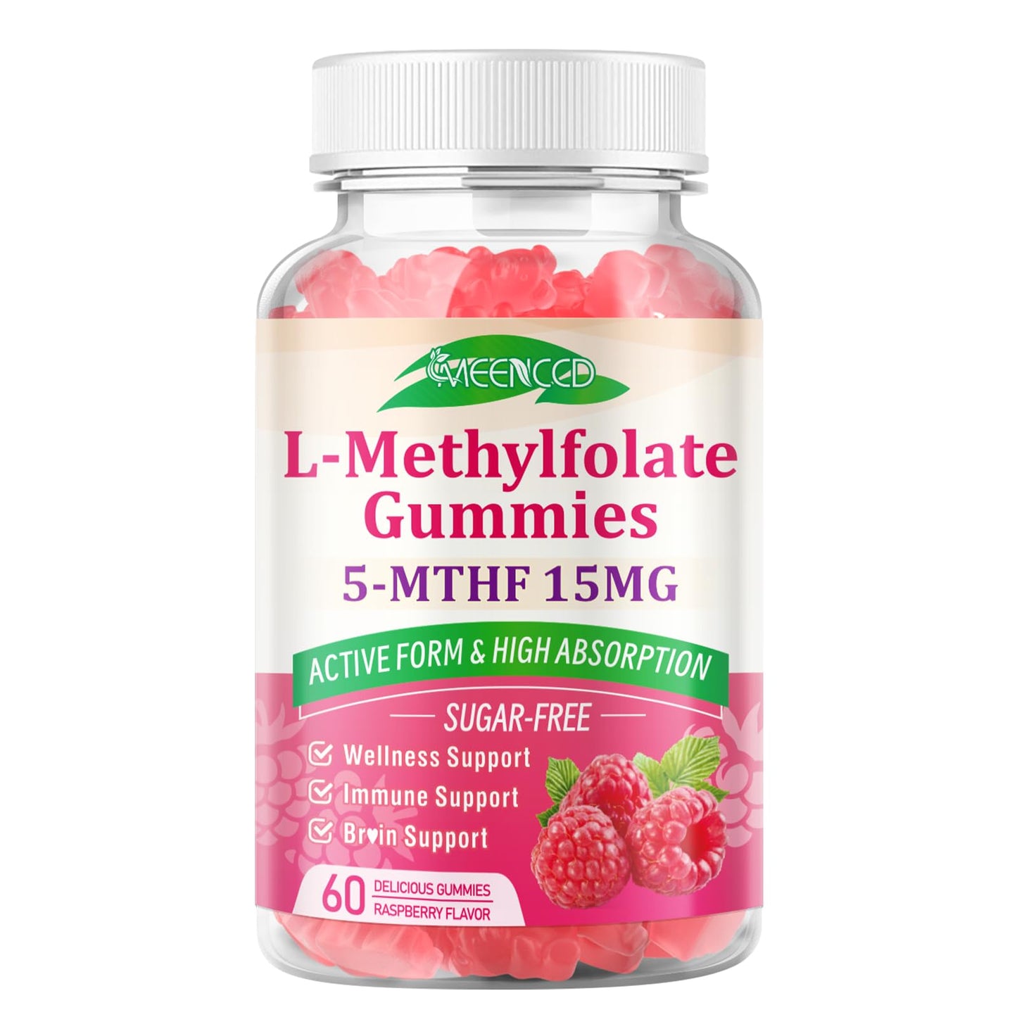 MEENCCD L-Methylfolate 15mg Gummies โ 5-MTHF for Brain Health & Immunity (Vegan Raspberry, 60 Count)