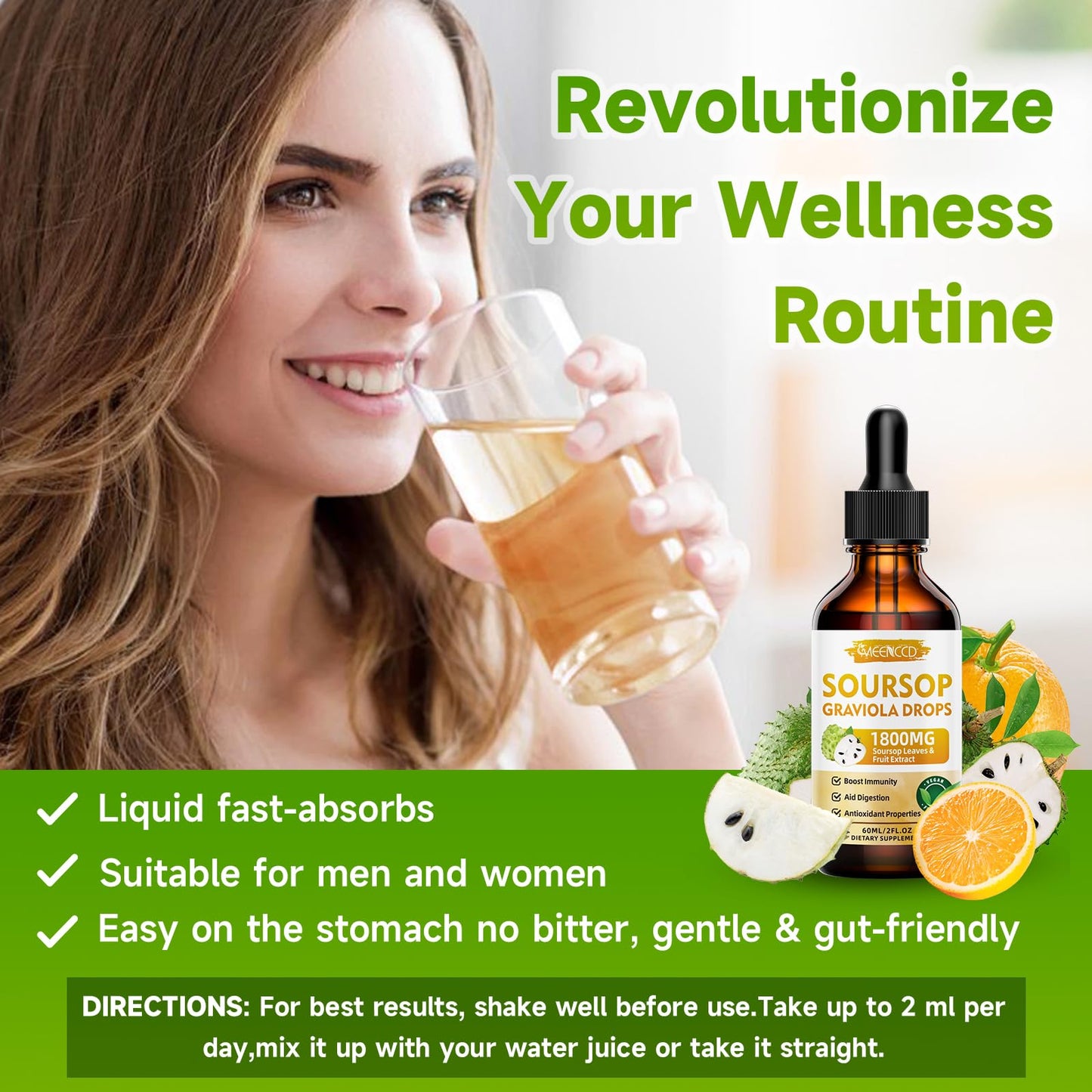MEENCCD Soursop Graviola Liquid Drops 1800mg โ Immune Support, Antioxidant, Orange Flavor, 2 fl oz