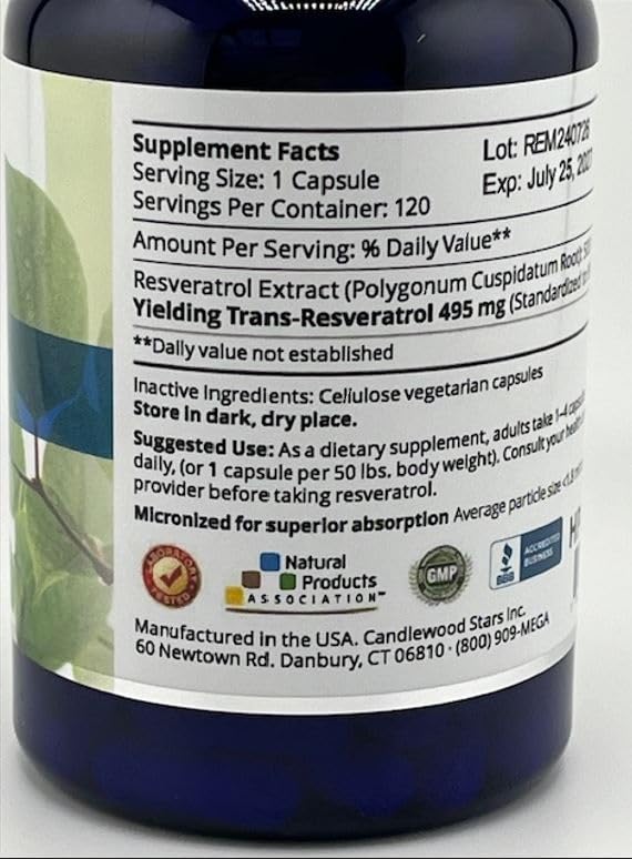 Mega Resveratrol โ Pharmaceutical Grade 99% Pure, Micronized Trans-Resveratrol, 500mg Capsule, 120 Veggie Caps