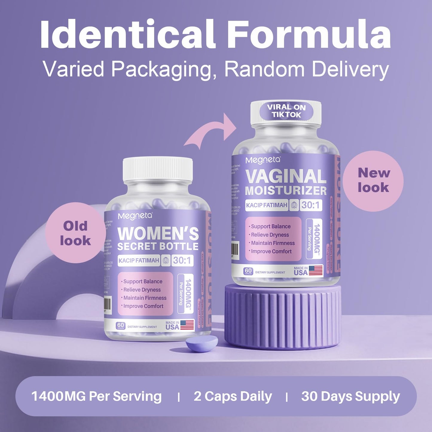 MEGNETA Vaginal Moisturizer: Kacip Fatimah 1000mg & Manjakani 200mg (30:1) โ Slippery Elm, Vegan, 60 capsules