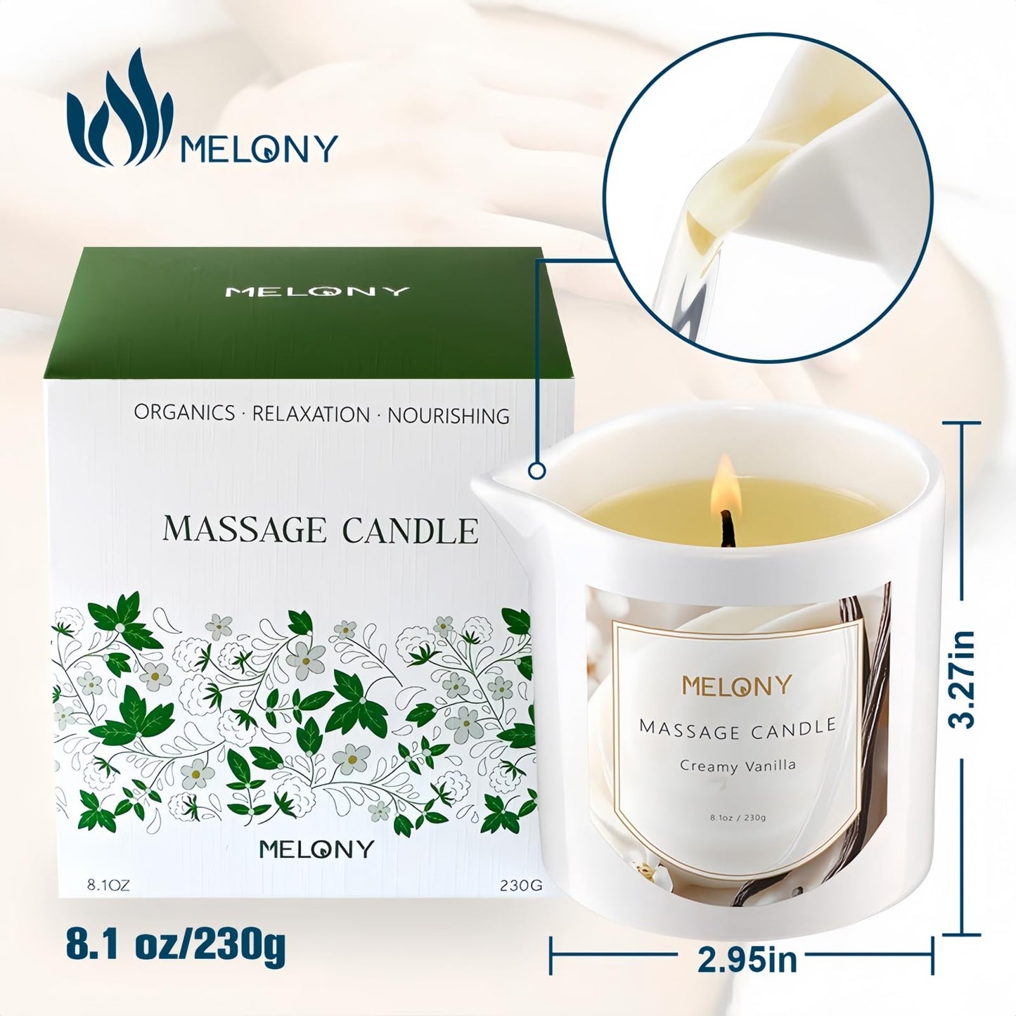 MELONY Luxury Massage Candle โ Moisturising Body Oil, 8.1 oz, Creamy Vanilla