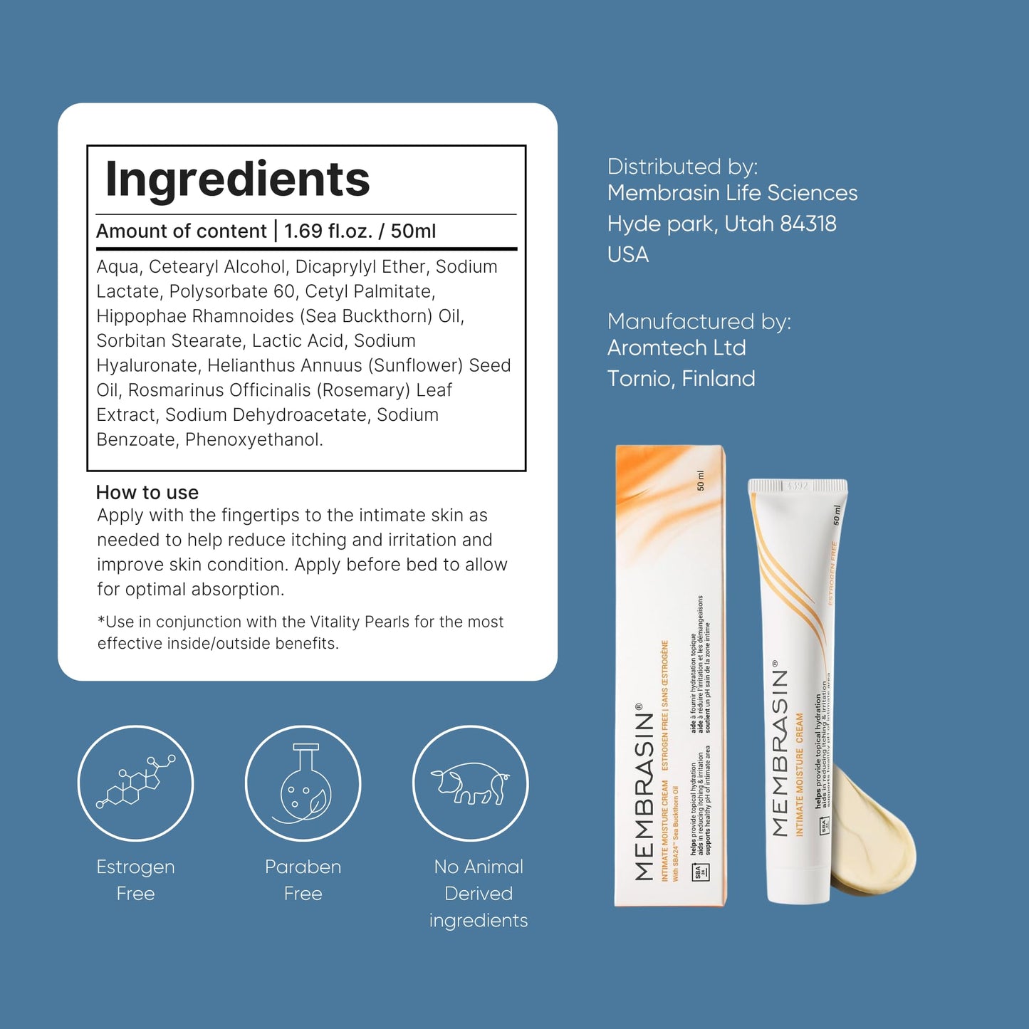 Membrasin Vaginal Moisture Cream with Hyaluronic Acid โ Hormone-Free, Plant-Based (50 ml)
