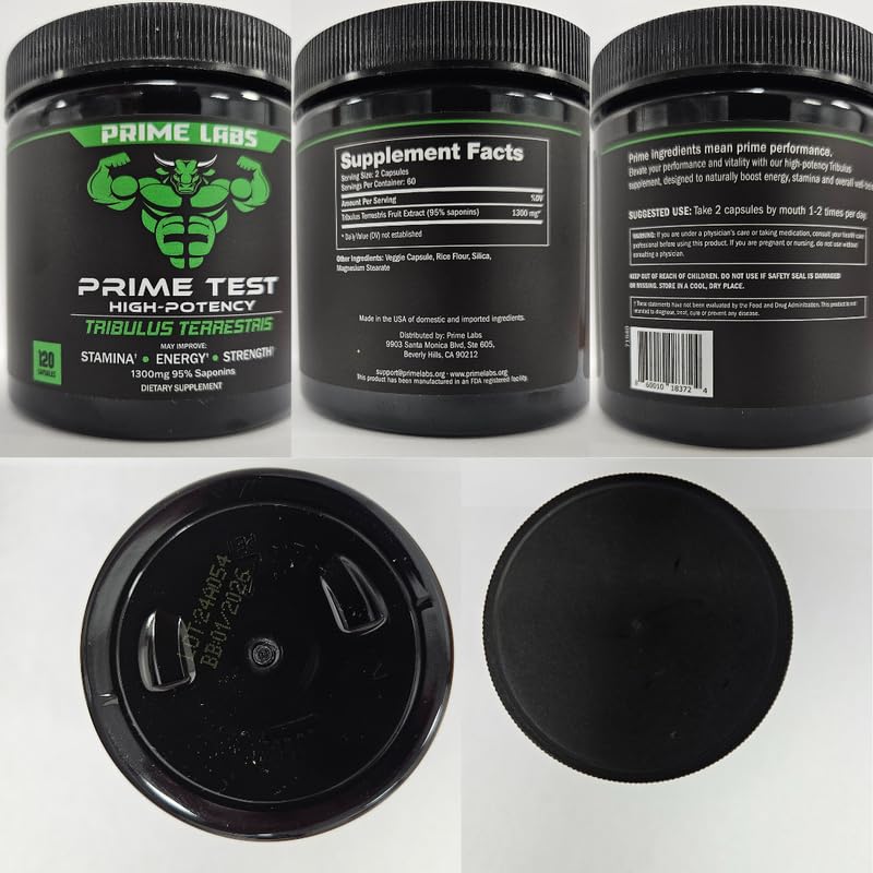 Prime Labs Tribulus Terrestris for Men 1300mg β Enhanced with 95% Saponins β Energy, Vitality, Strength β 120 Count