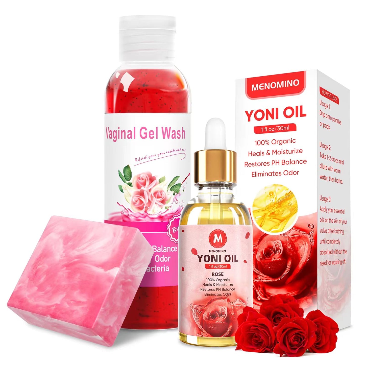 MENOMINO Feminine Wash & Yoni Bar + Yoni Oil PH Balance โ Rose Scent, 3.53 oz Bar, 5.07 oz Wash, 1 oz Oil