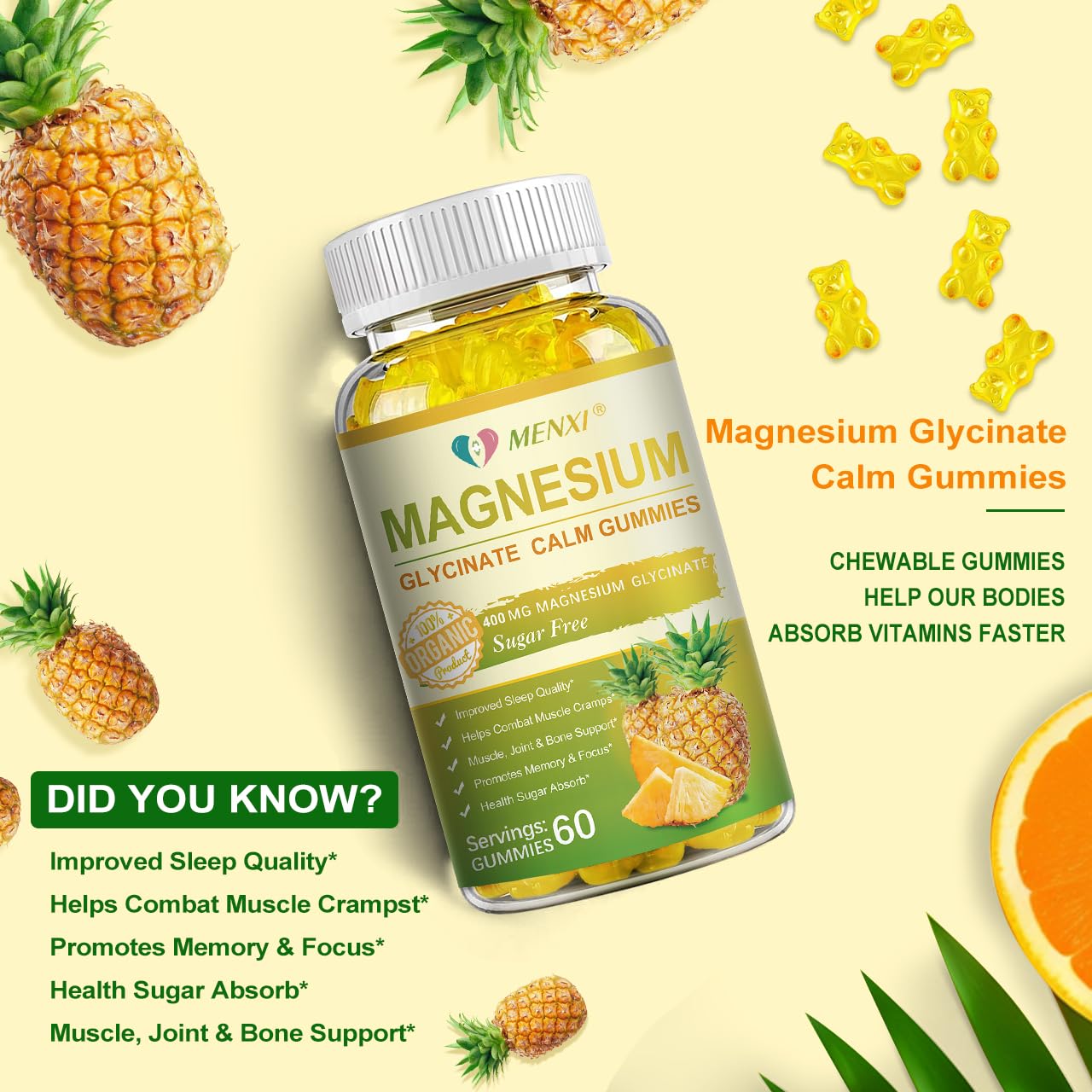 MENXI Magnesium Glycinate Gummies 400mg โ Sugar Free Pineapple, Vitamin D, B6 & CoQ10 (120 Gummies)