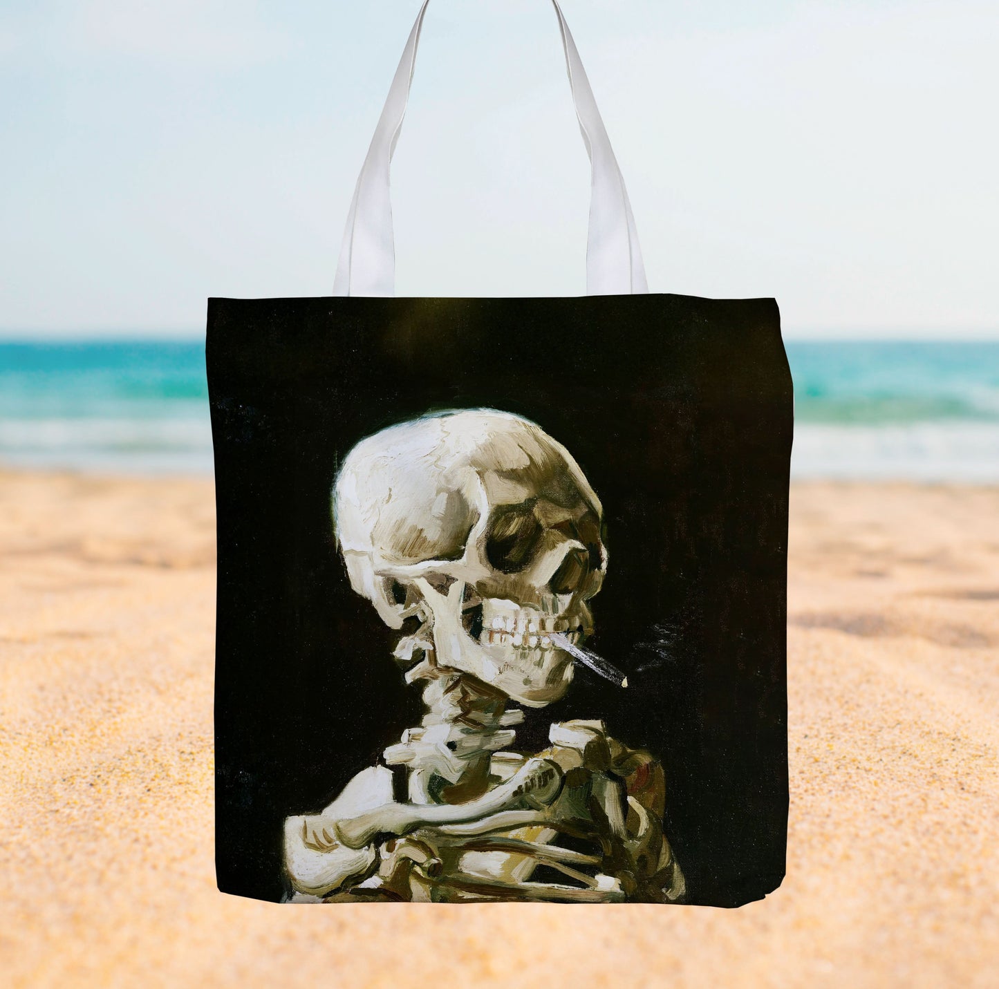 Van Gogh Skeleton Smoking Painting - Canvas Tote bag