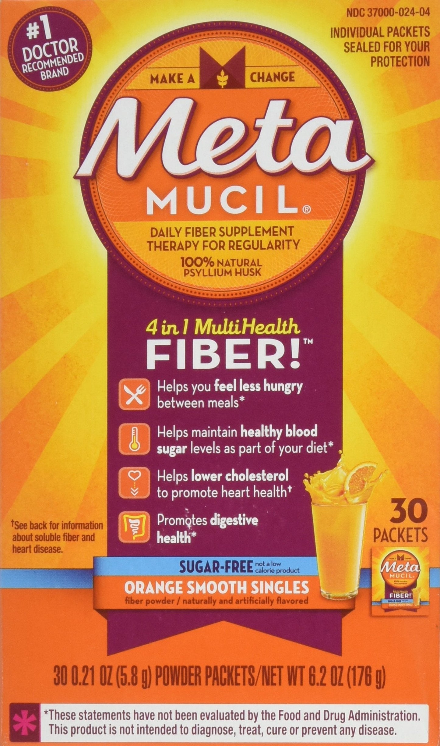 Metamucil MultiHealth Fiber Singles Orange Smooth Sugar-Free โ 30 Pack