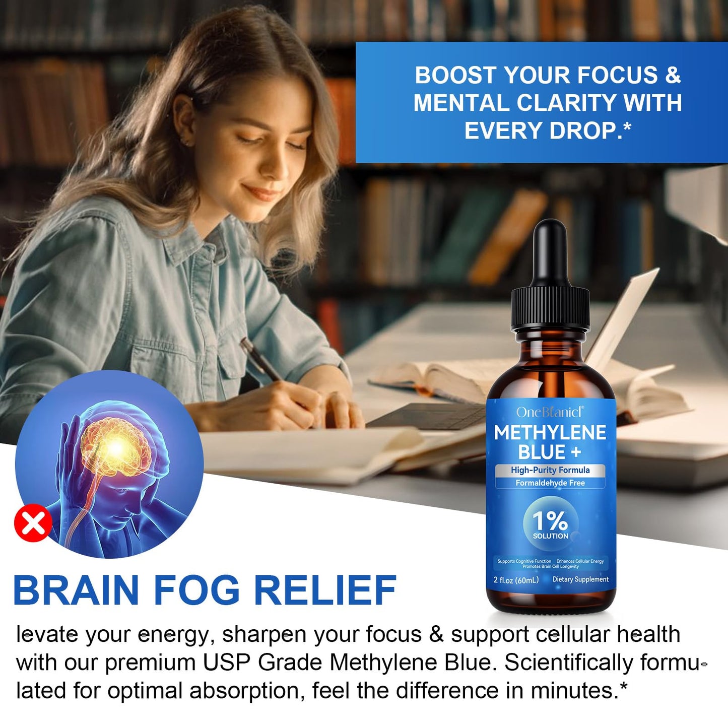 Methylene Blue Drops โ Pharmaceutical Grade for Brain Health & Energy Support | No Formaldehyde, No Alcohol, No Gluten โ 2 fl oz