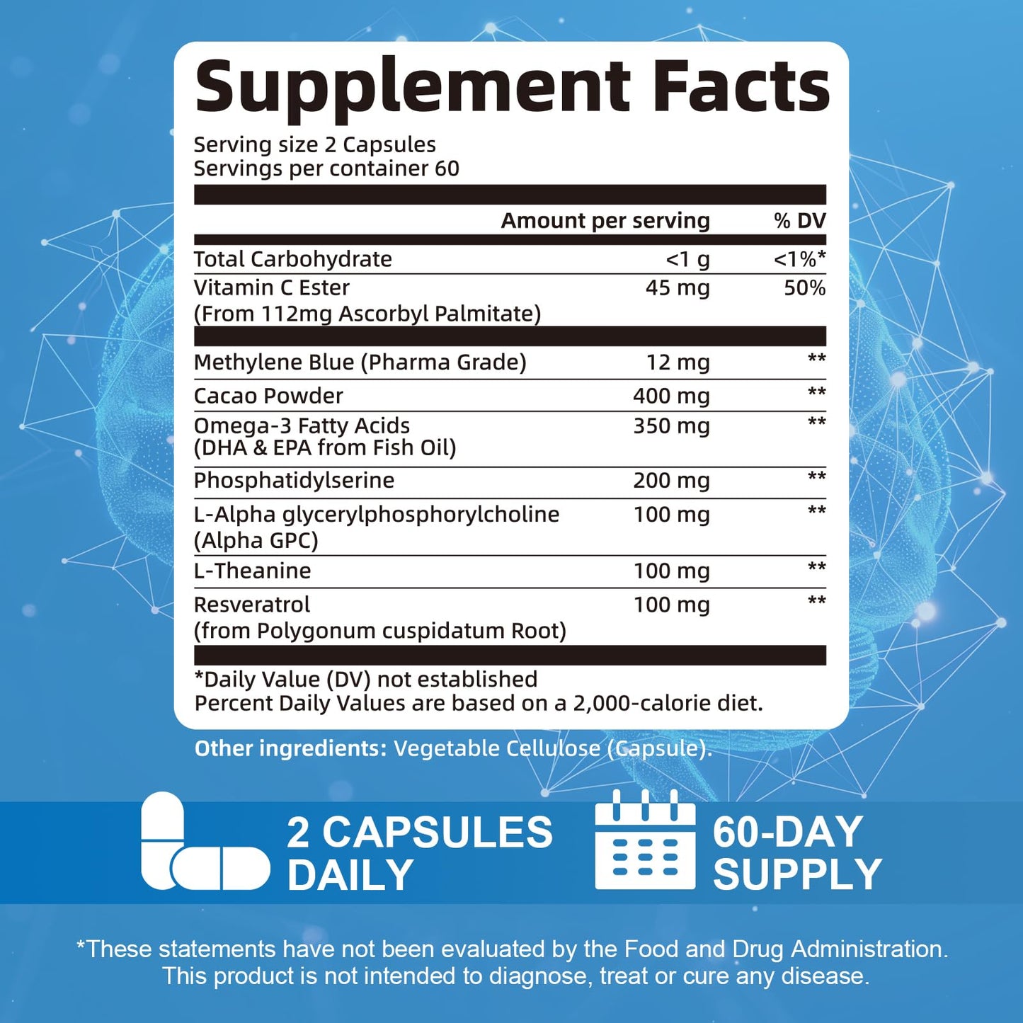 USP Pharmaceutical Grade Methylene Blue Capsules with Resveratrol โ Brain Support, 120 Capsules