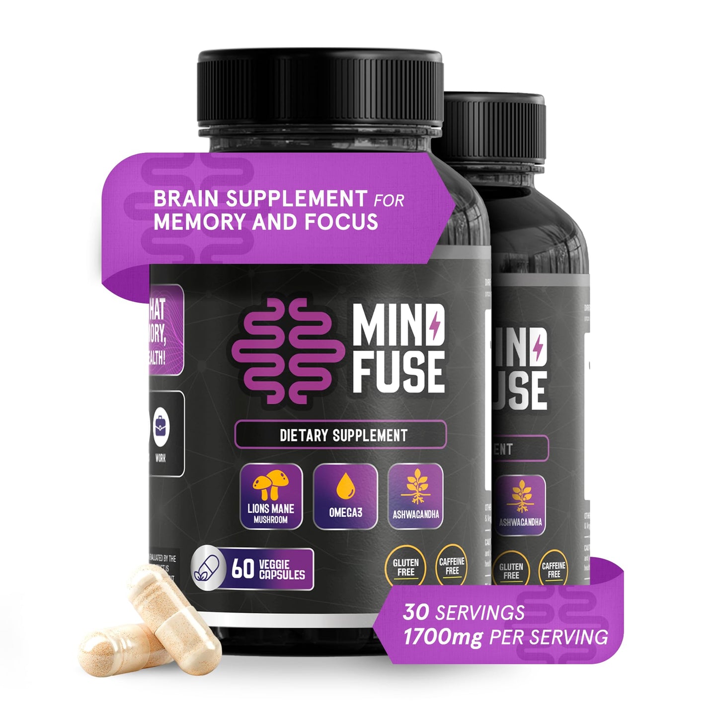 (2 Pack) Nootropic Memory Booster for Adults | Lion's Mane, Ashwagandha, Omega-3 & L-Theanine | Gluten-Free 120 Capsules