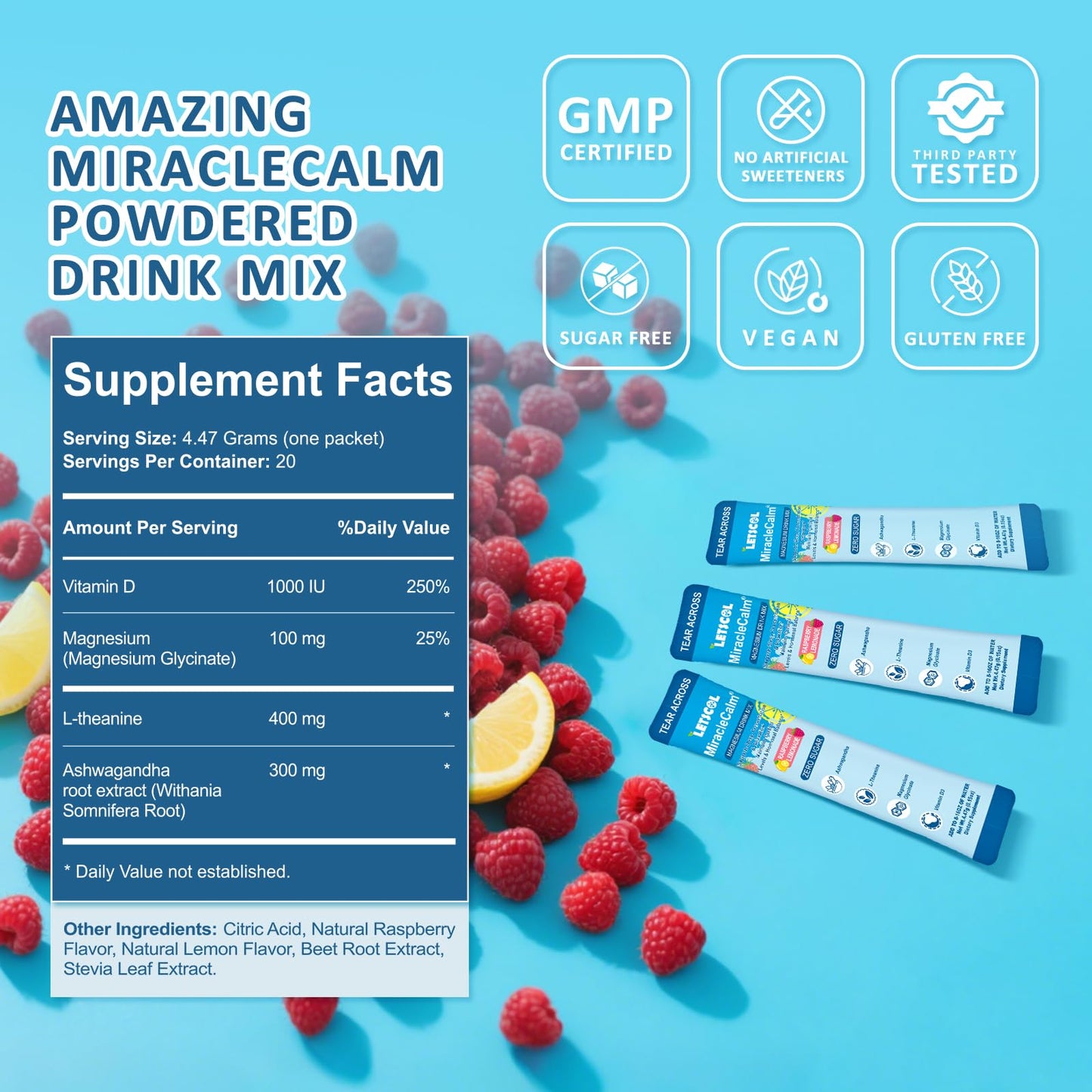 MiracleCalm Drink Mix Powder โ Calm Magnesium + Calcium for Sleep, Stress Relief & Focus (Sugar Free)
