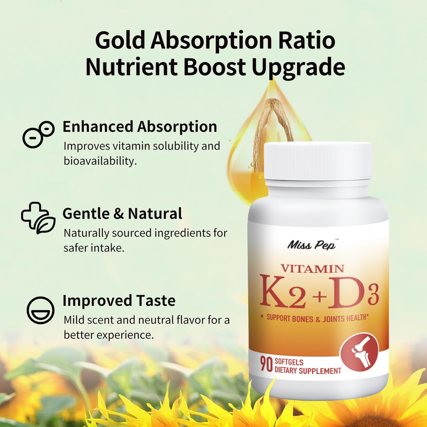 Miss Pep Vitamin D3 K2 5000 IU/100 mcg MK-7 โ 90 Softgels with Sunflower Oil
