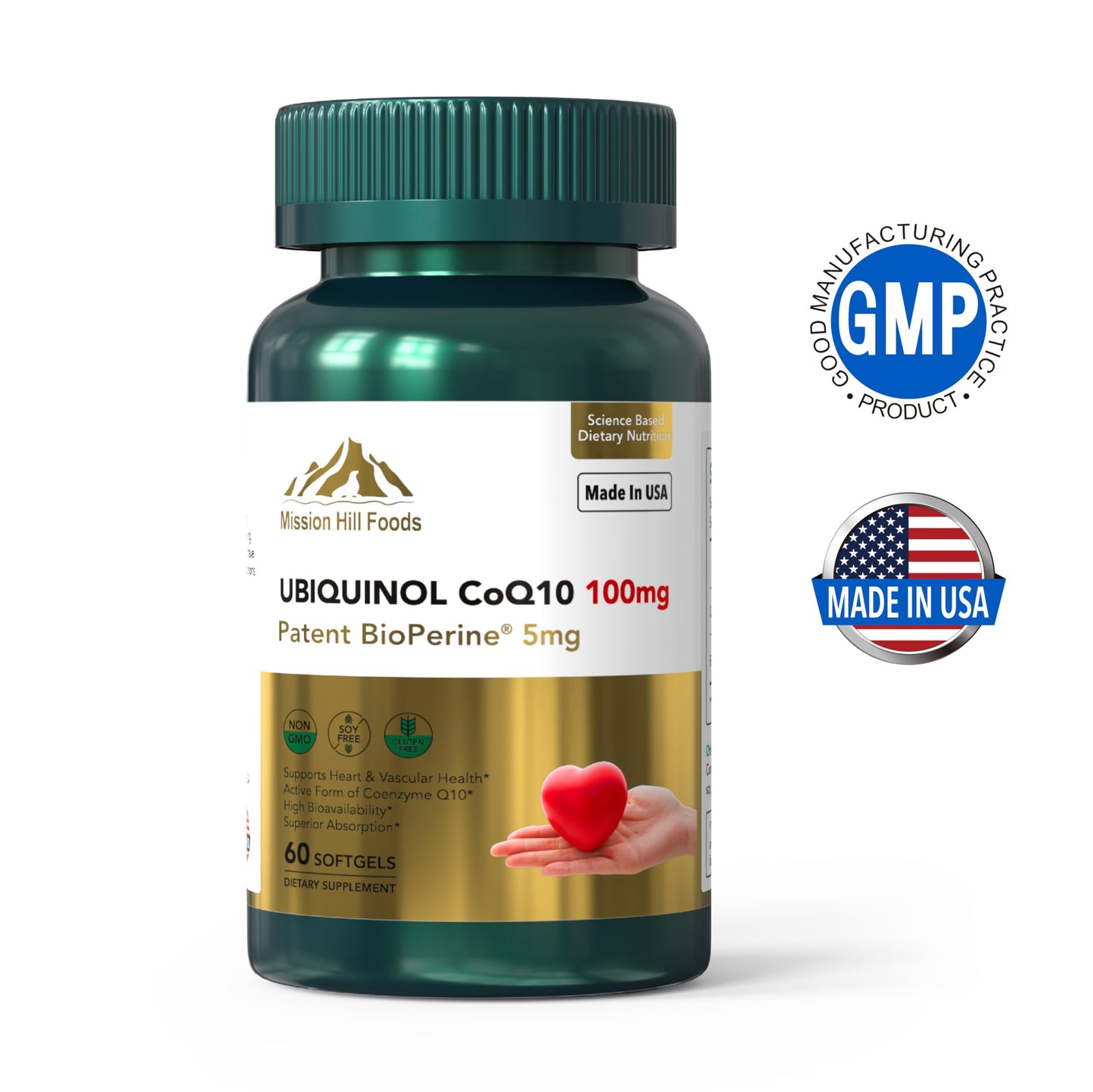 Mission Hill Foods Ubiquinol CoQ10 + BioPerine 100mg โ Heart Health Antioxidant, 60 Softgels (2-Month Supply) | Non-GMO & Gluten Free