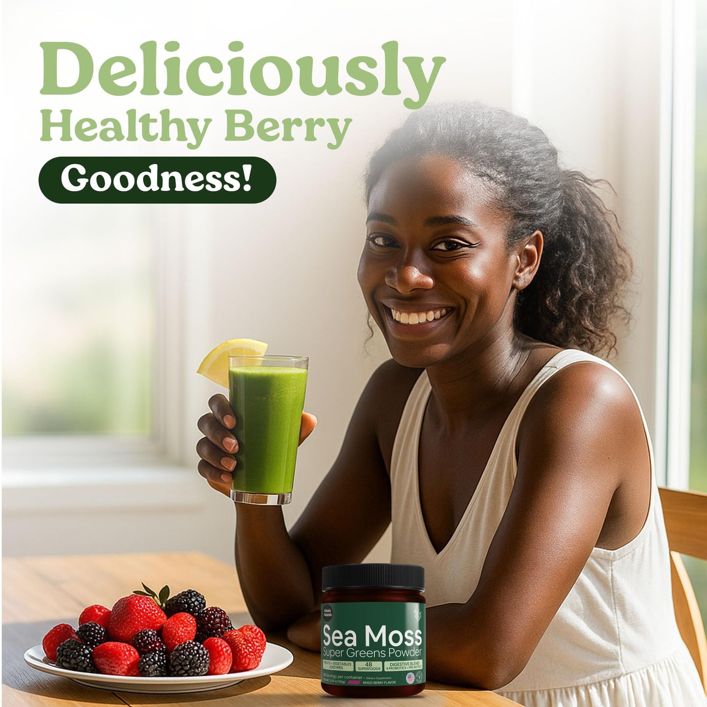 Atlantic Naturals Sea Moss Super Greens Powder โ Mixed Berry (12 Veg, 15 Fruits, Probiotics, 16 Herbs)