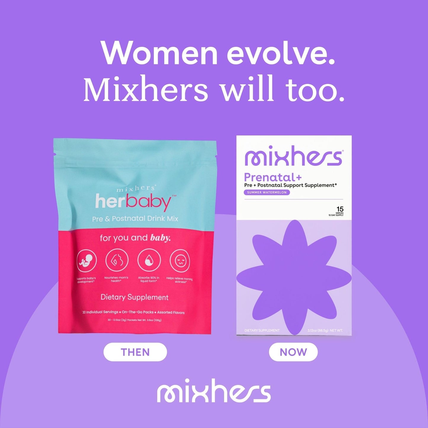 MIXHERS Prenatal+ Prenatal & Postnatal Support Drink Mix β Summer Watermelon Flavor β 15 Stick Packets