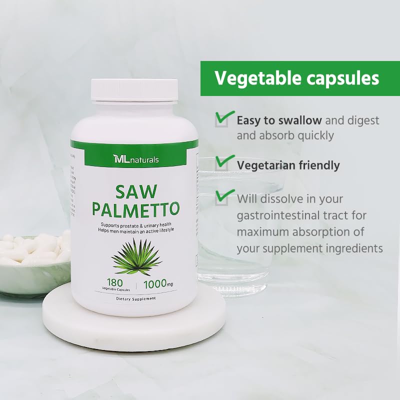 ML Naturals Saw Palmetto 1000 mg 180 Veg Caps โ Prostate, Urinary Health & Hair Growth (Pack of 2)