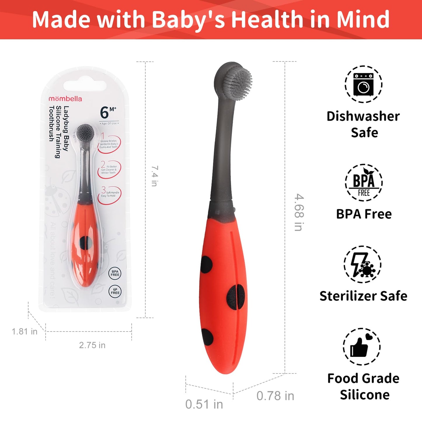 Mombella Ladybug Baby Toothbrush (6-12 Months & Up) โ Extra Soft Silicone Infant Toothbrush