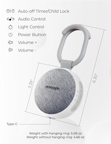 Momcozy Portable Sound Machine with Night Light β 20 Soothing Sounds, Stroller Clip, USB-C (Grey)