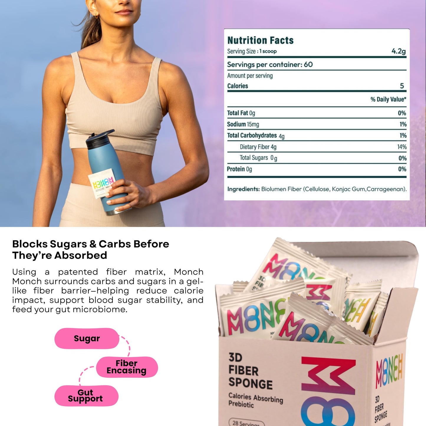 Monch Monch Prebiotic Fiber Powder Unflavored โ Calorie-Absorbing Soluble Fiber for Gut Health, Vegan & Sugar-Free (28 Ct)