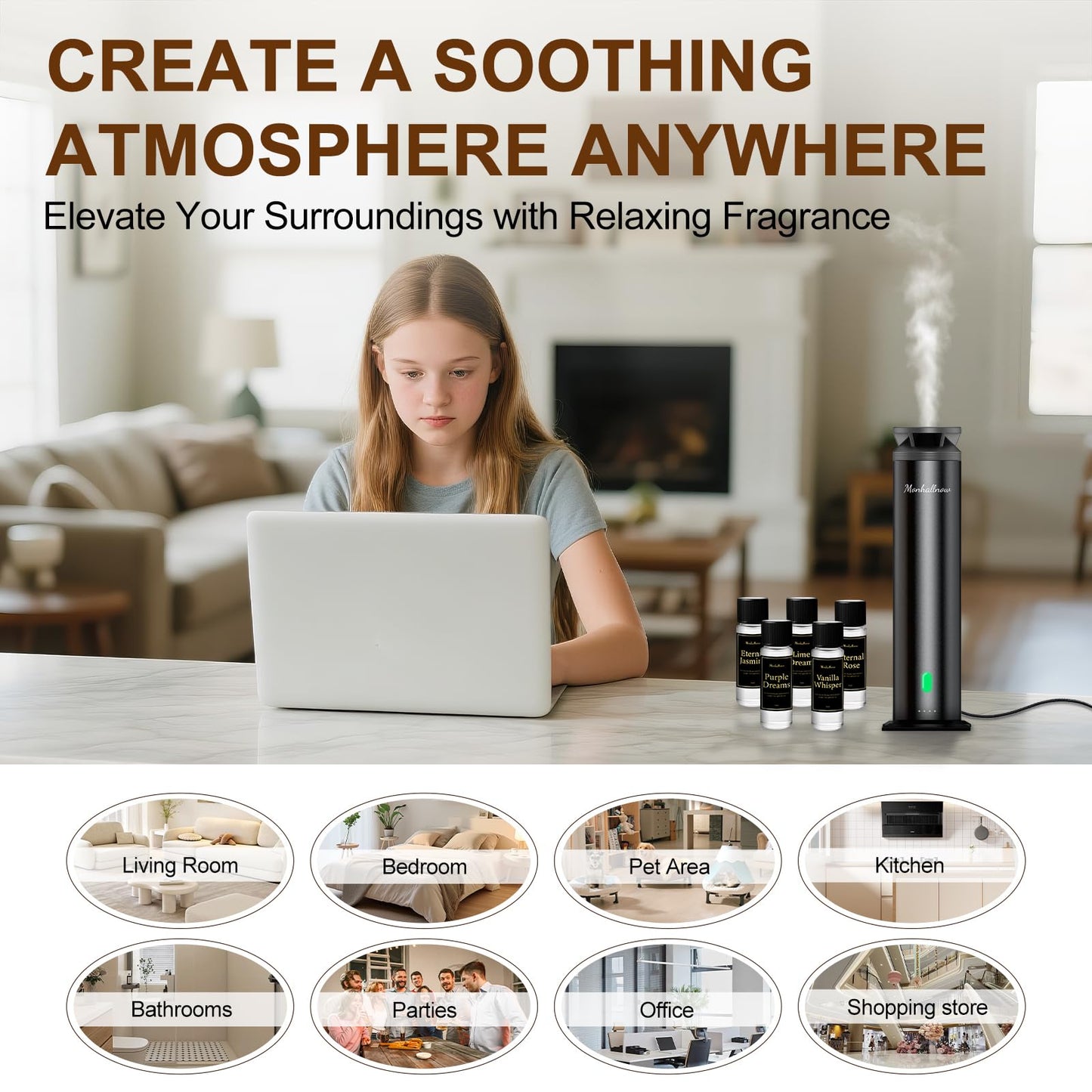 Monhallnow Waterless Scent Diffuser Starter Kit โ 1,000 Sq Ft Coverage