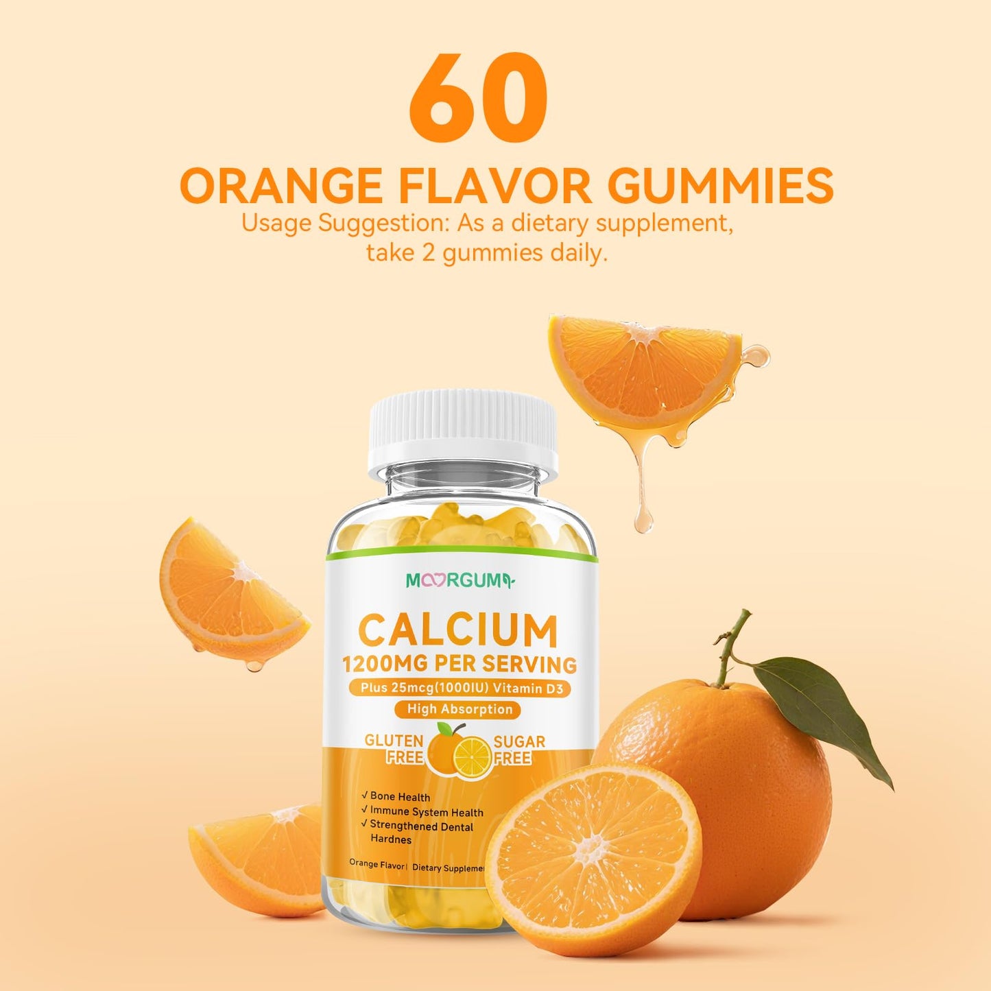 MOORGUMY Calcium Citrate Gummies โ 1200mg Calcium + 1000IU Vitamin D3 | Orange, 120 Count
